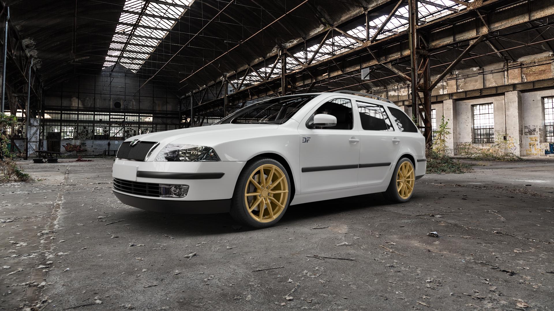 Japan Racing Wheels SL-02 Gold Felge mit Reifen in 18Zoll Winterfelge Alufelge auf weissem Skoda Octavia II Kombi Typ 1Z5 1,6l FSI 85kW (116 PS) 2,0l 110kW (150 4x4 TDI 100kW (136 77kW (105 1,4l 55kW (75 ⬇️ mit 15mm Tieferlegung ⬇️ Old Industrial Hall_max5000mm_2022 Frontansicht_1