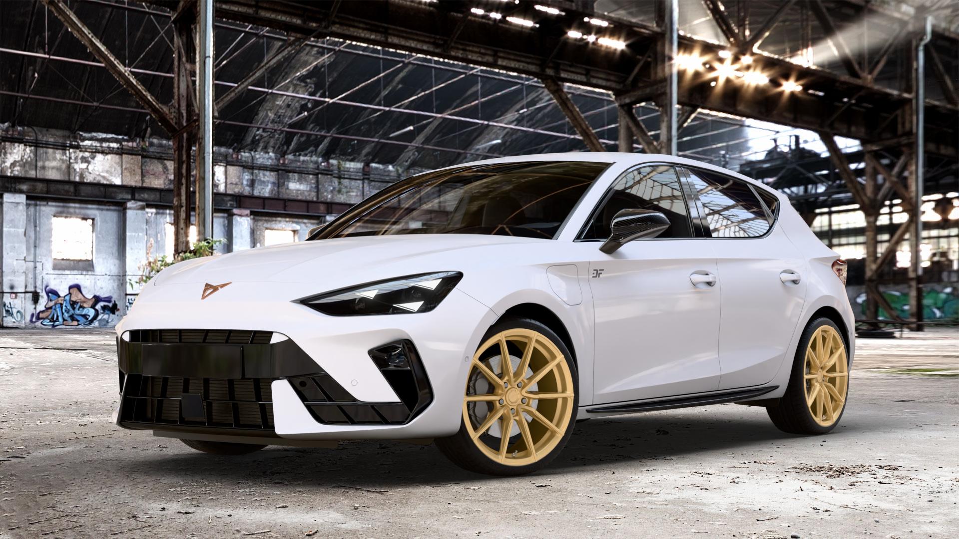 Japan Racing Wheels SL-02 Gold Felge mit Reifen in 19Zoll Winterfelge Alufelge auf weissem Cupra Leon Typ KL Facelift ⬇️ mit 15mm Tieferlegung ⬇️ Old Industrial Hall_max_4400mm_2024 Frontansicht_1