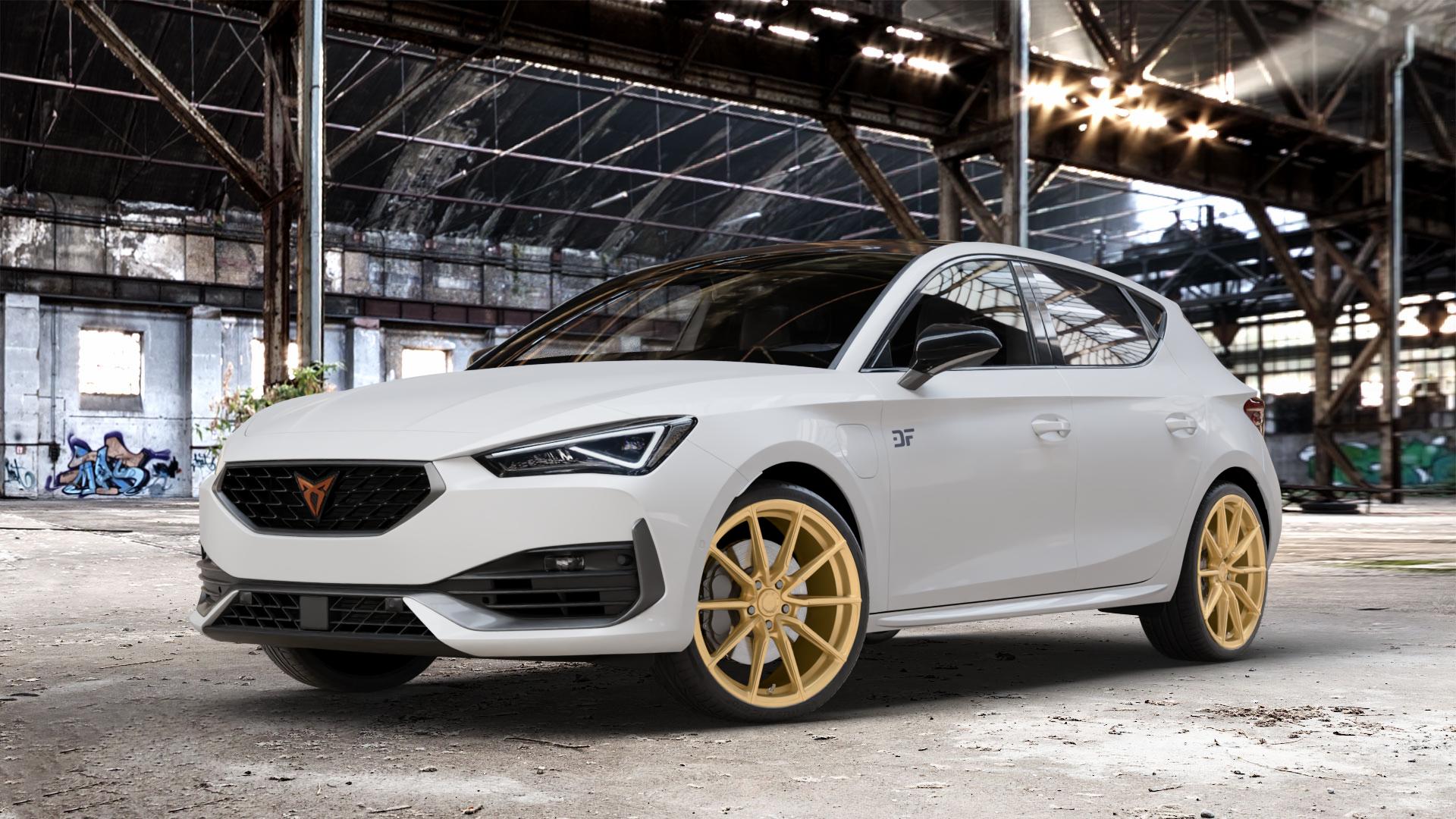Japan Racing Wheels SL-02 Gold Felge mit Reifen in 19Zoll Winterfelge Alufelge auf weissem Cupra Leon Typ KL ⬇️ mit 15mm Tieferlegung ⬇️ Old Industrial Hall_max_4400mm_2024 Frontansicht_1