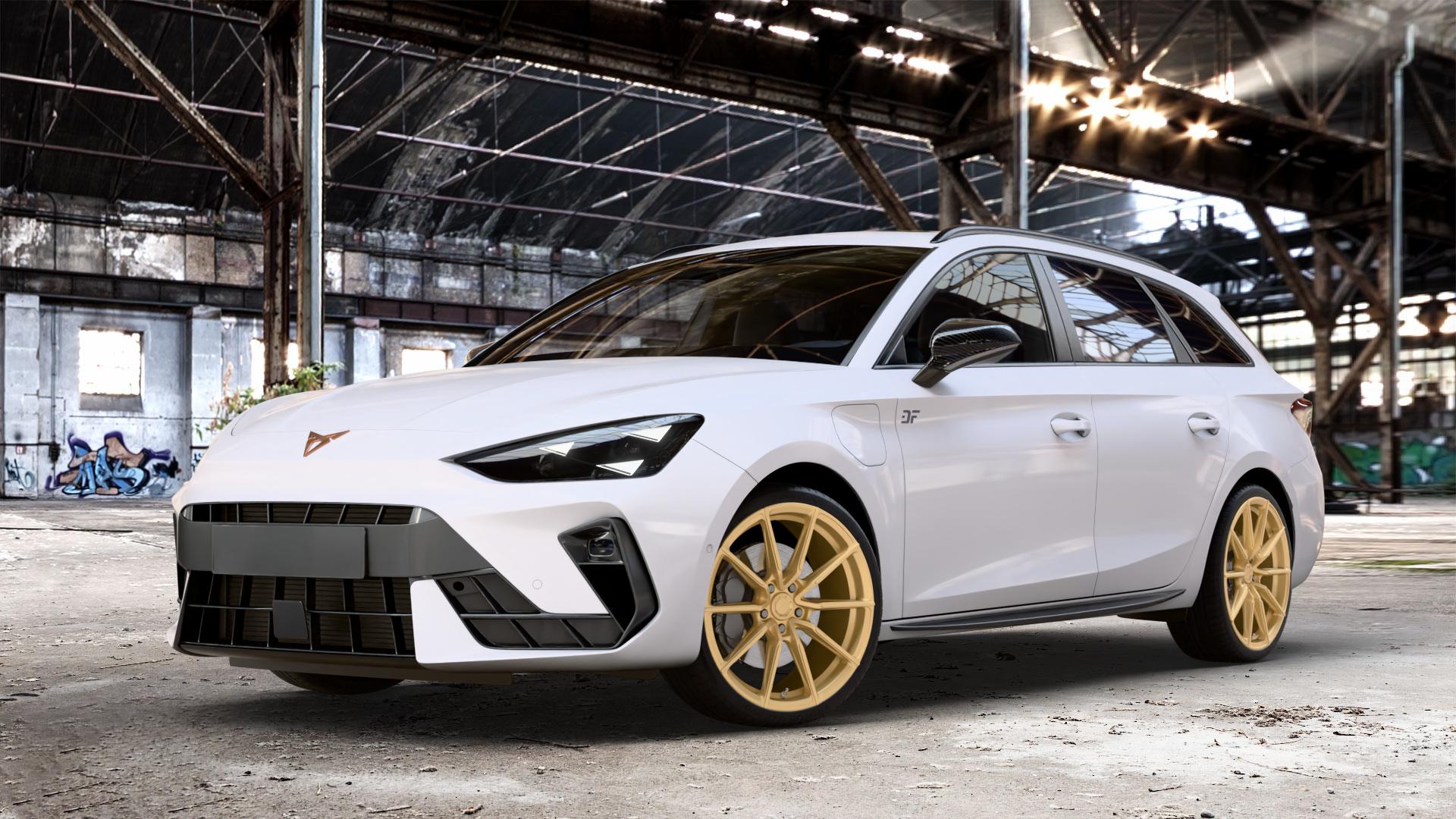 Japan Racing Wheels SL-02 Gold Felge mit Reifen in 19Zoll Winterfelge Alufelge auf weissem Cupra Leon Typ KL ST Facelift ⬇️ mit 15mm Tieferlegung ⬇️ Old Industrial Hall_max_4400mm_2024 Frontansicht_1