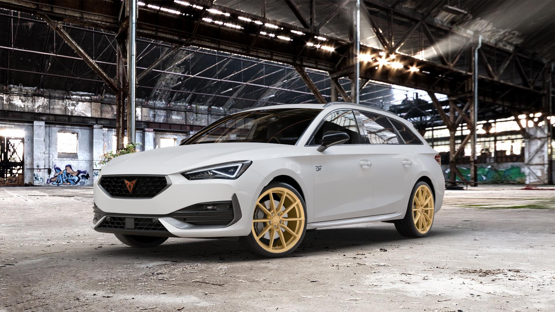 Japan Racing Wheels SL-02 Gold Felge mit Reifen in 19Zoll Winterfelge Alufelge auf weissem Cupra Leon Typ KL ST ⬇️ mit 15mm Tieferlegung ⬇️ Old Industrial Hall_max_5300mm_2024 Frontansicht_1