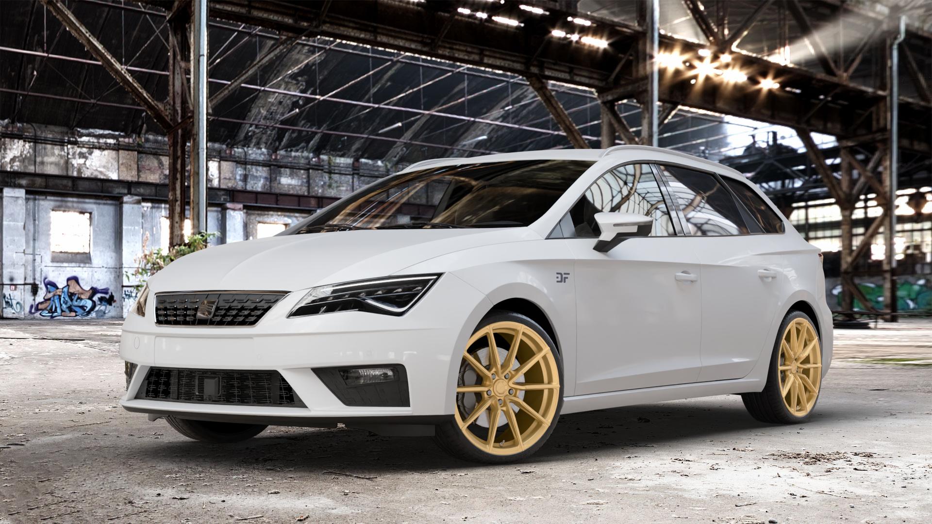 Japan Racing Wheels SL-02 Gold Felge mit Reifen in 19Zoll Winterfelge Alufelge auf weissem Seat Leon Typ 5F ST Facelift ⬇️ mit 15mm Tieferlegung ⬇️ Old Industrial Hall_max_4400mm_2024 Frontansicht_1