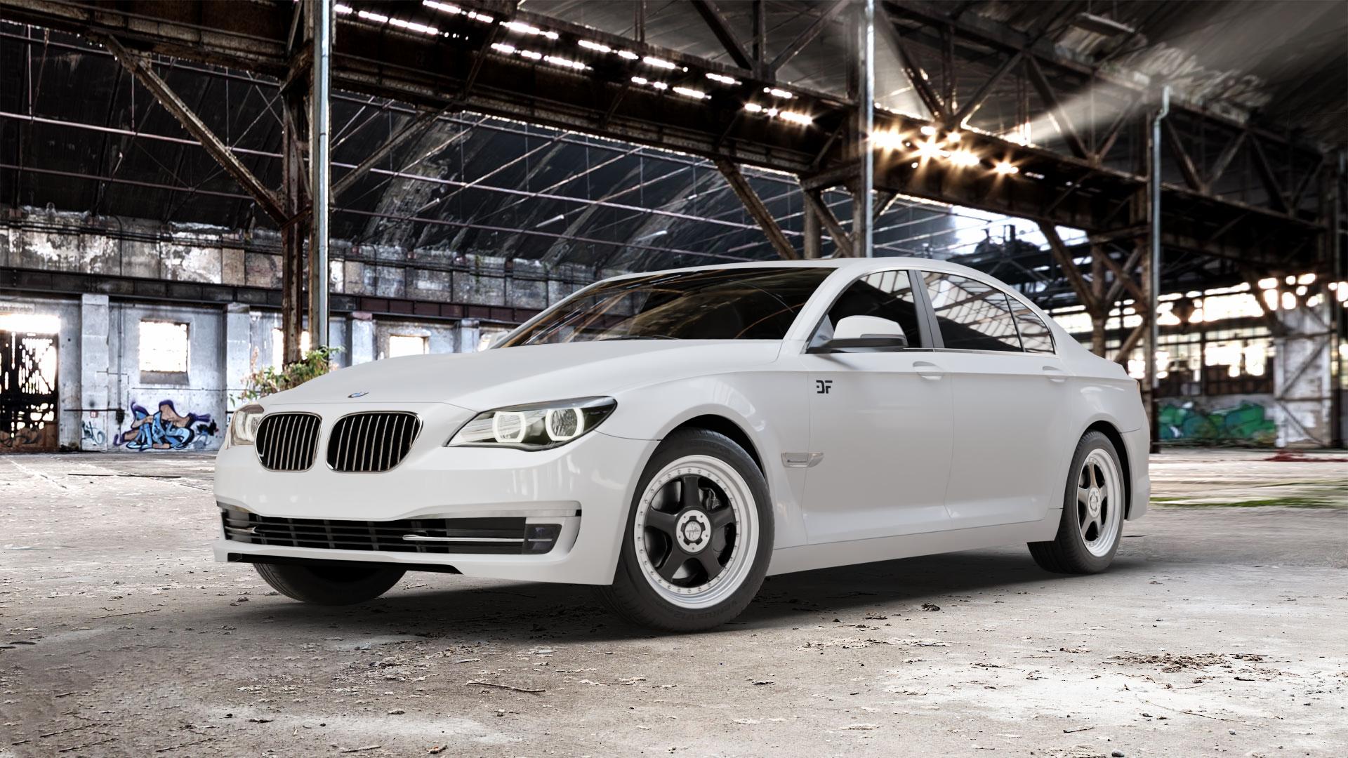 KESKIN KT1 BLACK LIP POLISH Felge mit Reifen silber schwarz mehrfarbig in 18Zoll Alufelge auf weissem BMW 7er F01 Limousine (7L, 701, HY) F02 lang ⬇️ mit 15mm Tieferlegung ⬇️ Old Industrial Hall_max_5300mm_2024 Frontansicht_1