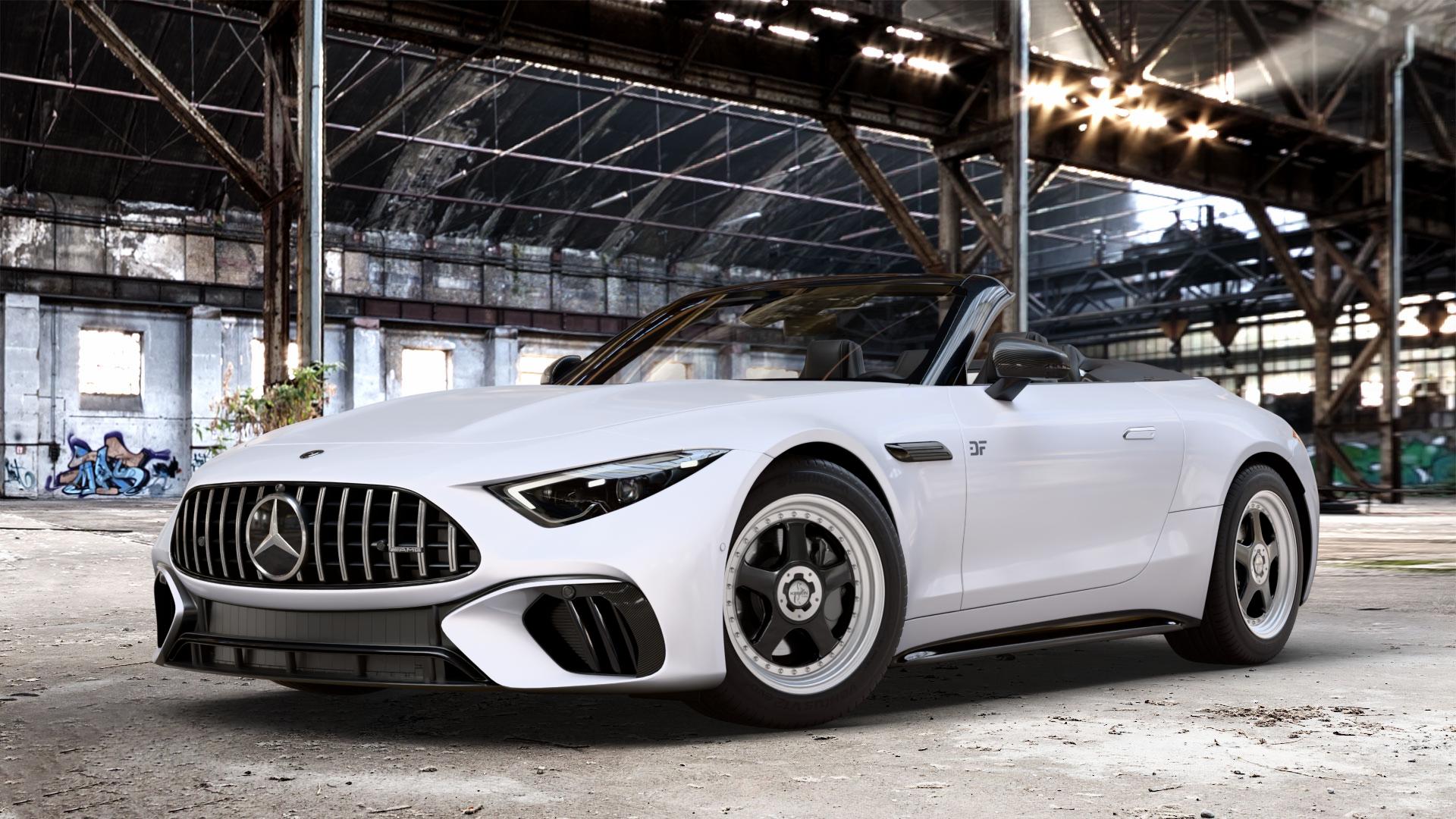 KESKIN KT1 BLACK LIP POLISH Felge mit Reifen silber schwarz mehrfarbig in 18Zoll Alufelge auf weissem Mercedes SL Typ R232 2,0l 43 280kW Mild-Hybrid (381 PS) 4,0l 55 4MATIC+ 350kW (476 63 430kW (585 ⬇️ mit 15mm Tieferlegung ⬇️ Old Industrial Hall_max_4400mm_2024 Frontansicht_1