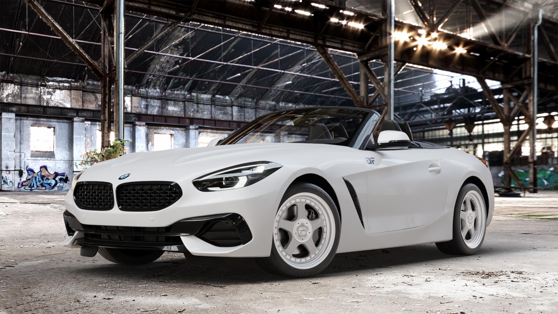 KESKIN KT1 SILVER LIP POLISH Felge mit Reifen silber in 18Zoll Alufelge auf weissem BMW Z4 Roadster Typ G29 (G4Z) Z1 Z8 ⬇️ mit 15mm Tieferlegung ⬇️ Old Industrial Hall_max_4400mm_2024 Frontansicht_1