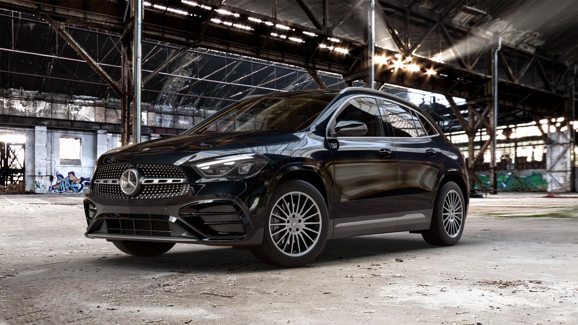 KESKIN KT15 BLACK FRONT POLISH Felge mit Reifen schwarz in 18Zoll Winterfelge Alufelge auf schwarzem metallic Mercedes GLA-Klasse Typ F2B Facelift ⬇️ mit 15mm Tieferlegung ⬇️ Old Industrial Hall_max_5300mm_2024 Frontansicht_1