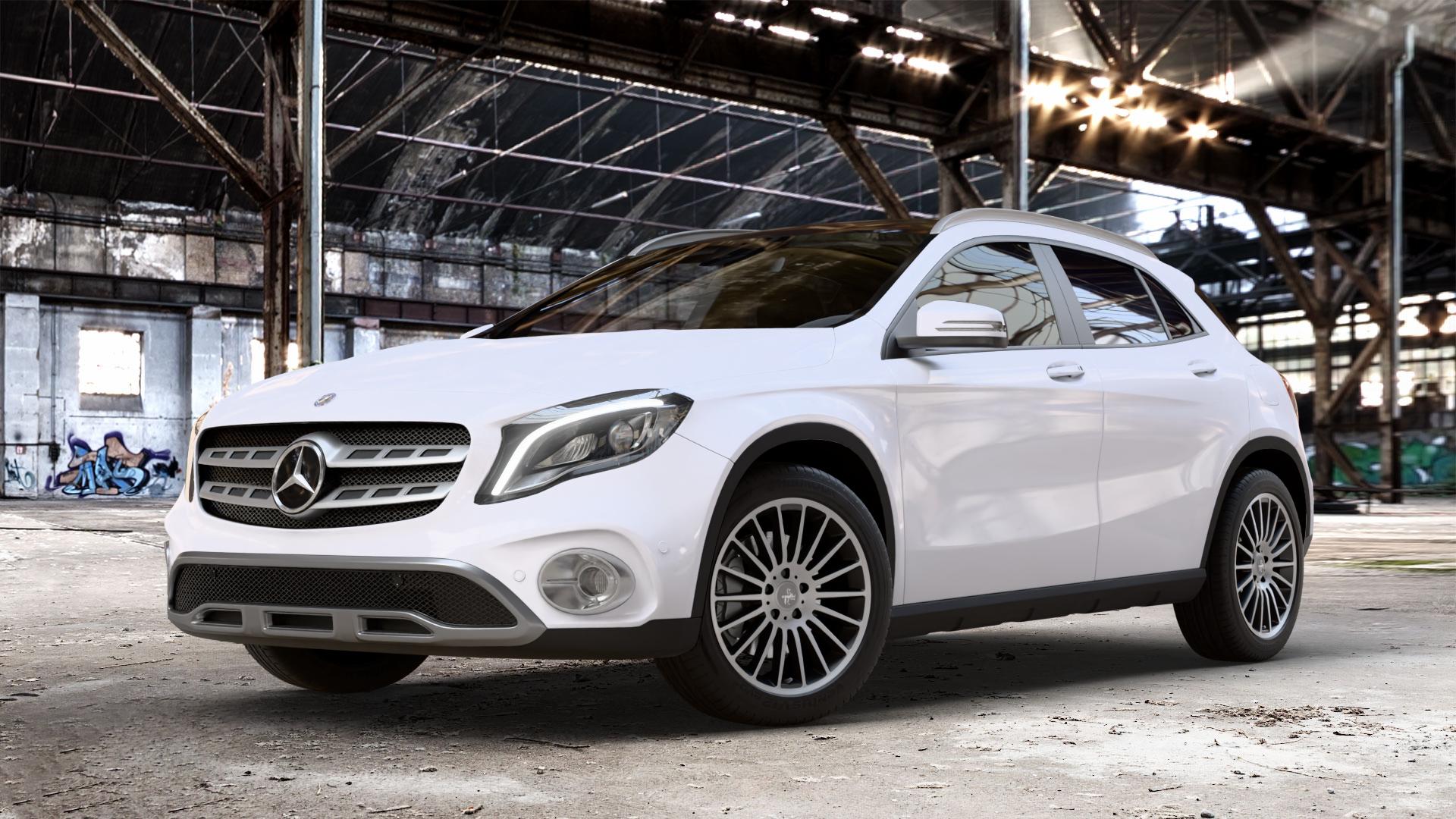 KESKIN KT15 BLACK FRONT POLISH Felge mit Reifen schwarz in 18Zoll Winterfelge Alufelge auf weissem Mercedes GLA-Klasse Typ X156 Facelift ⬇️ mit 15mm Tieferlegung ⬇️ Old Industrial Hall_max_4400mm_2024 Frontansicht_1