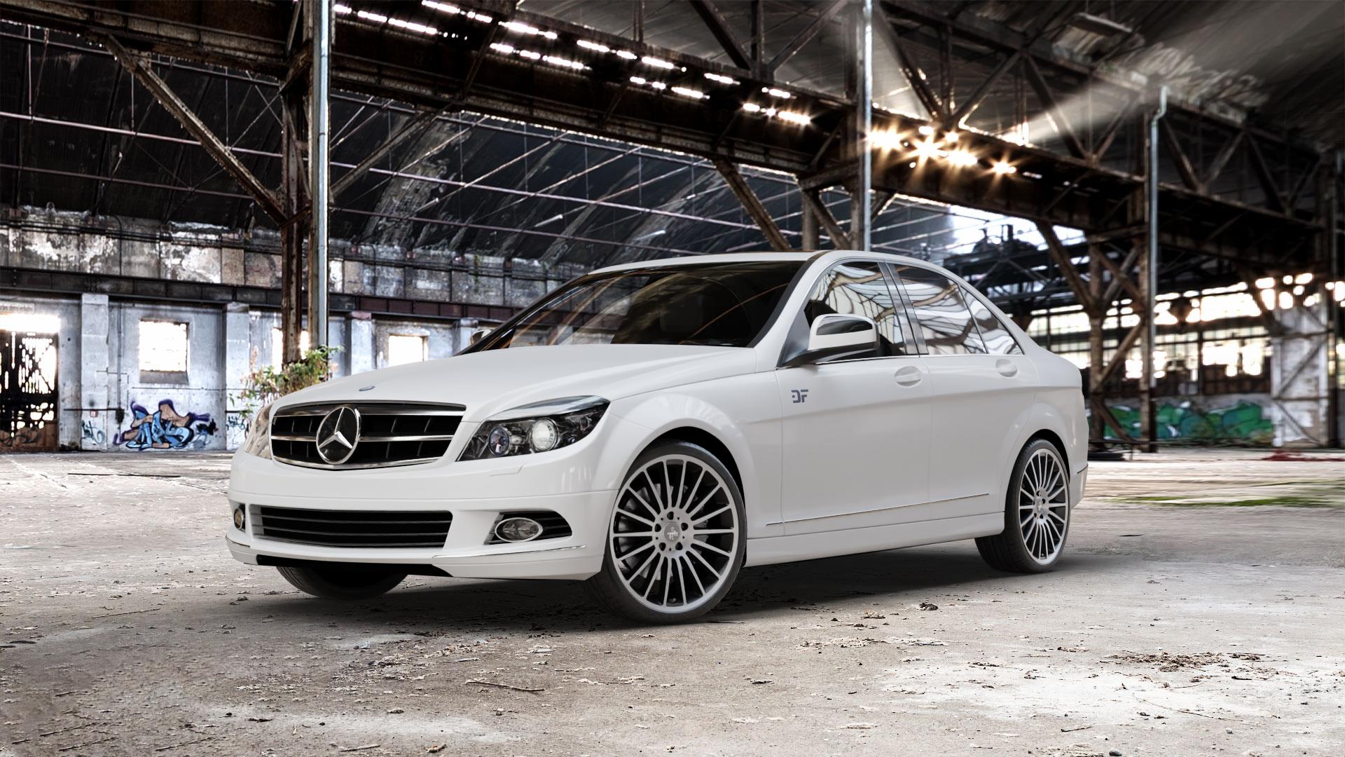 KESKIN KT15 BLACK FRONT POLISH Felge mit Reifen schwarz in 19Zoll Winterfelge Alufelge auf weissem Mercedes C-Klasse Typ W204 Limousine ⬇️ mit 15mm Tieferlegung ⬇️ Old Industrial Hall_max_5300mm_2024 Frontansicht_1