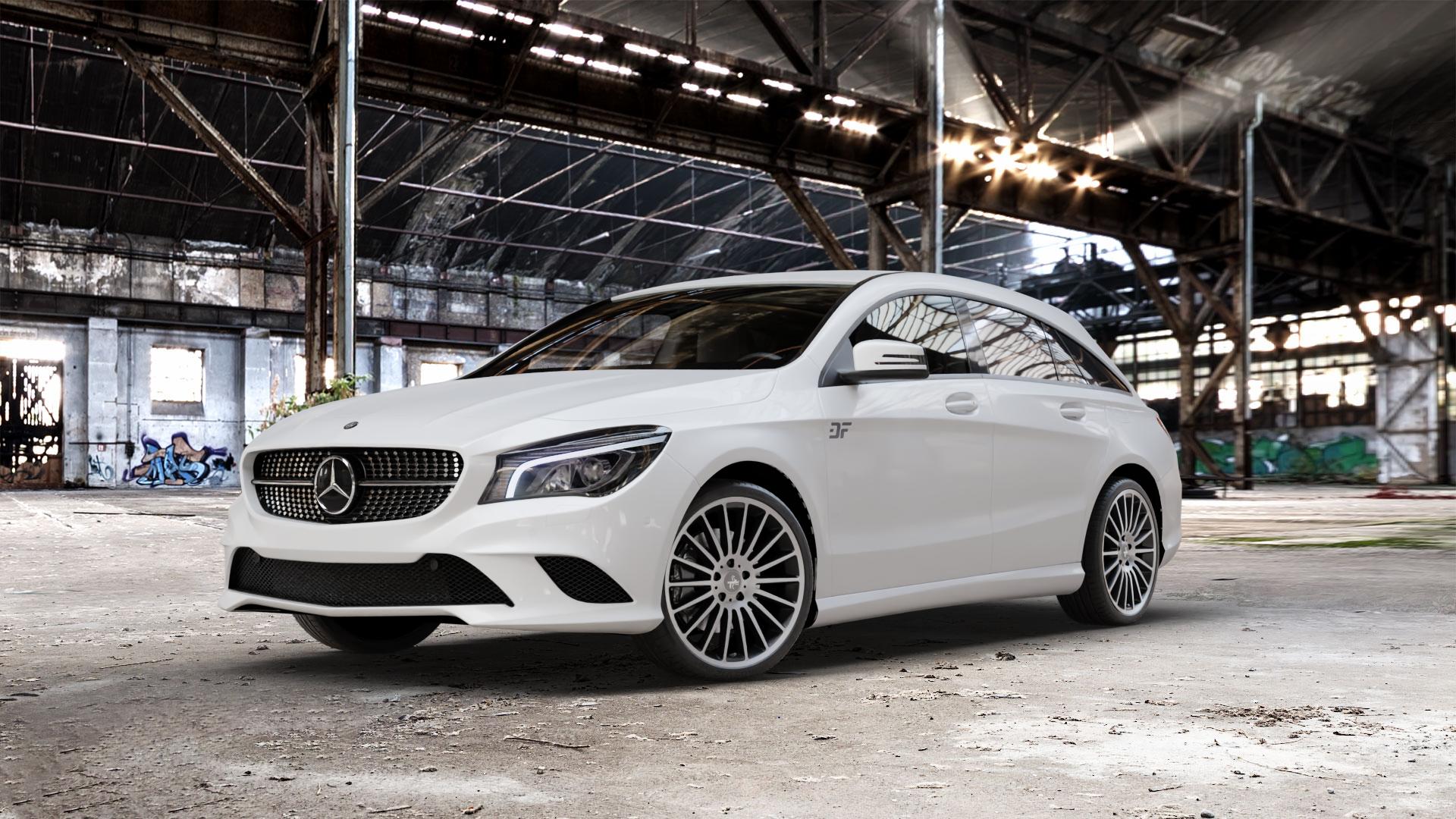 KESKIN KT15 BLACK FRONT POLISH Felge mit Reifen schwarz in 19Zoll Winterfelge Alufelge auf weissem Mercedes CLA-Klasse I Shooting Brake Typ 245G ⬇️ mit 15mm Tieferlegung ⬇️ Old Industrial Hall_max_5300mm_2024 Frontansicht_1