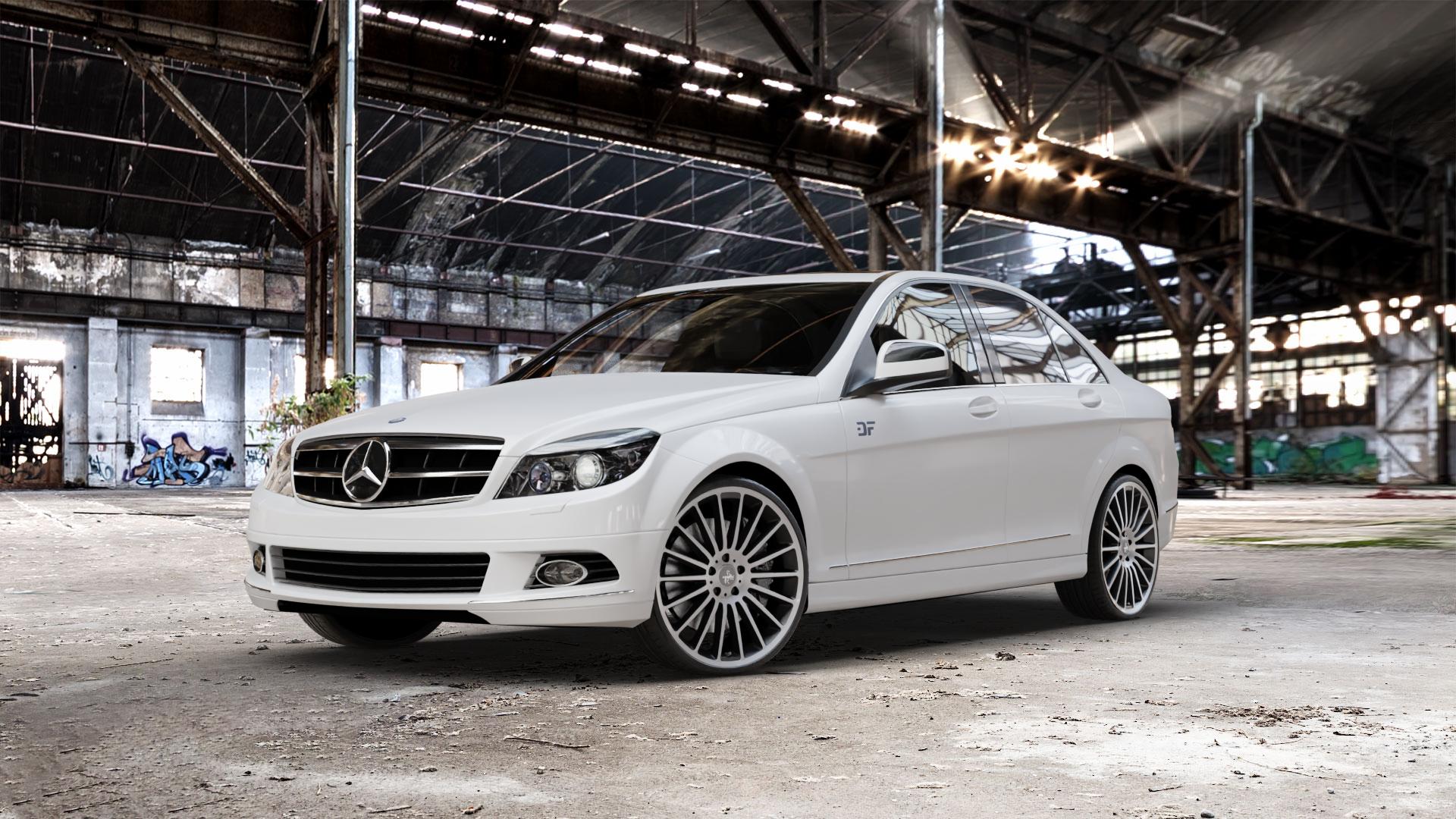 KESKIN KT15 BLACK FRONT POLISH Felge mit Reifen schwarz in 20Zoll Winterfelge Alufelge auf weissem Mercedes C-Klasse Typ W204 Limousine ⬇️ mit 15mm Tieferlegung ⬇️ Old Industrial Hall_max_5300mm_2024 Frontansicht_1