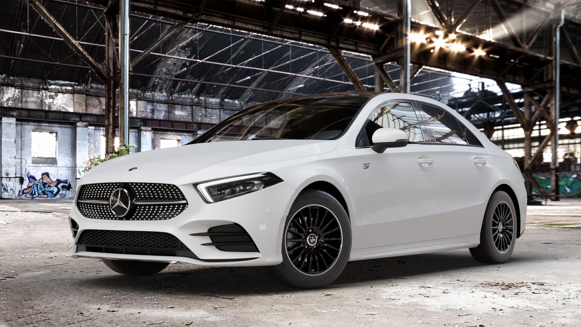 KESKIN KT15 BLACK LIP POLISH Felge mit Reifen silber schwarz mehrfarbig in 16Zoll Winterfelge Alufelge auf weissem Mercedes A-Klasse IV Typ 177 (F2A) Limousine Facelift ⬇️ mit 15mm Tieferlegung ⬇️ Old Industrial Hall_max_4400mm_2024 Frontansicht_1