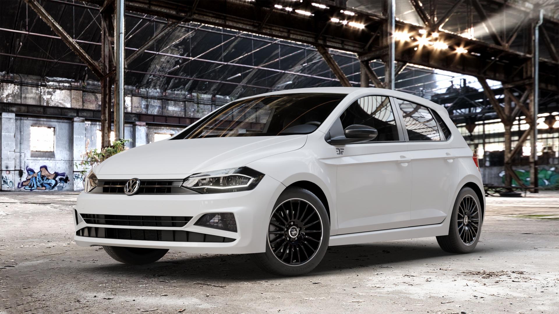 KESKIN KT15 BLACK LIP POLISH Felge mit Reifen silber schwarz mehrfarbig in 16Zoll Winterfelge Alufelge auf weissem Volkswagen (VW) Polo VI Typ AW ⬇️ mit 15mm Tieferlegung ⬇️ Old Industrial Hall_max_4400mm_2024 Frontansicht_1
