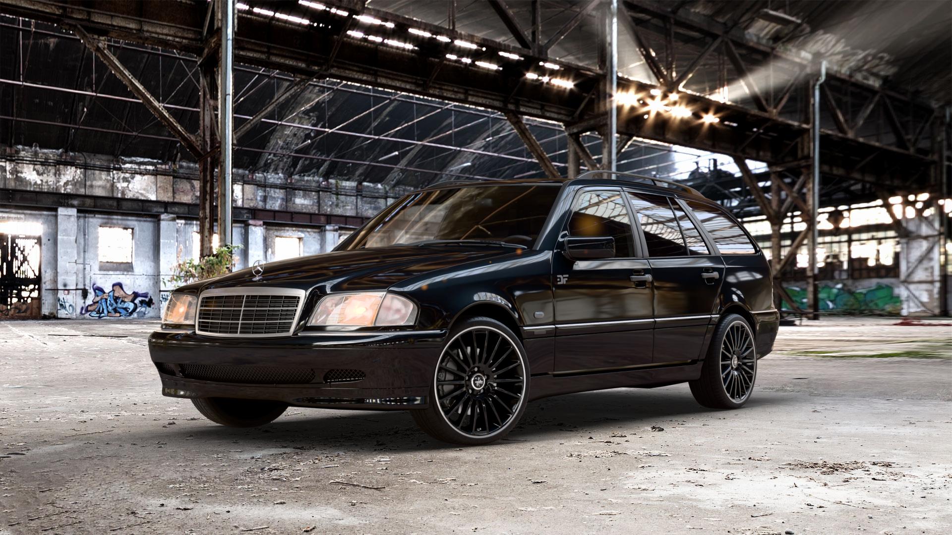 KESKIN KT15 BLACK LIP POLISH Felge mit Reifen silber schwarz mehrfarbig in 19Zoll Winterfelge Alufelge auf metallic schwarzem Mercedes C-Klasse Typ S202 Kombi ⬇️ mit 15mm Tieferlegung ⬇️ Old Industrial Hall_max_5300mm_2024 Frontansicht_1