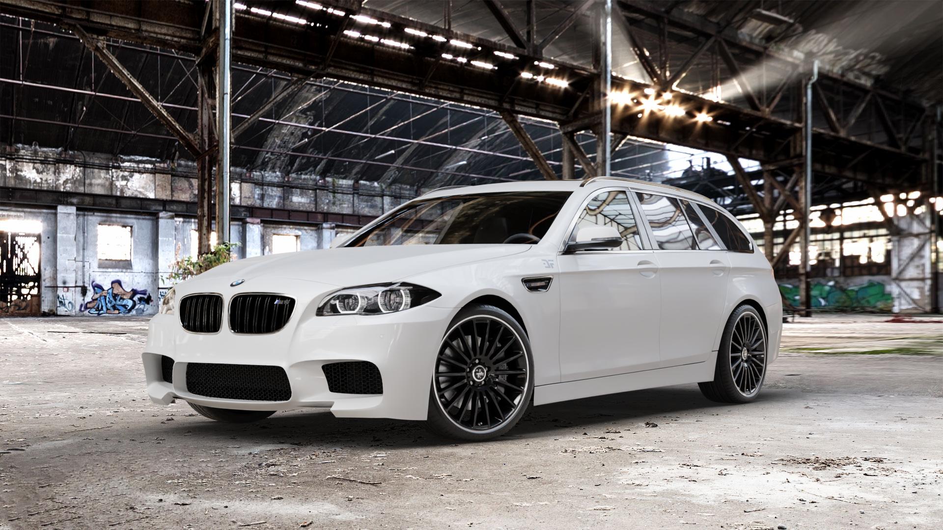 KESKIN KT15 BLACK LIP POLISH Felge mit Reifen silber schwarz mehrfarbig in 20Zoll Winterfelge Alufelge auf weissem BMW M550d xDrive Typ F11 (Touring) 3,0l 280kW (381 PS) ⬇️ mit 15mm Tieferlegung ⬇️ Old Industrial Hall_max_5300mm_2024 Frontansicht_1