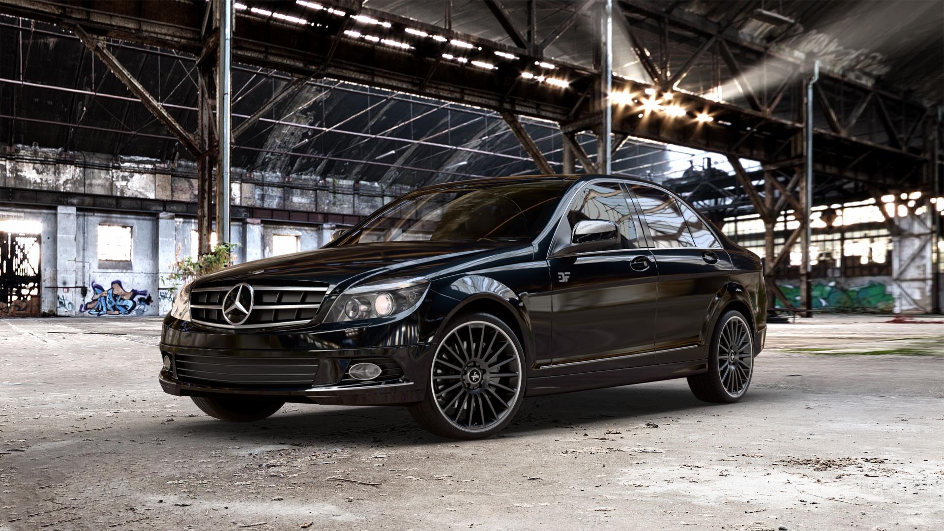 KESKIN KT15 MATT BLACK LIP POLISH Felge mit Reifen silber schwarz mehrfarbig in 19Zoll Winterfelge Alufelge auf schwarzem metallic Mercedes C-Klasse Typ W204 Limousine ⬇️ mit 15mm Tieferlegung ⬇️ Old Industrial Hall_max_5300mm_2024 Frontansicht_1