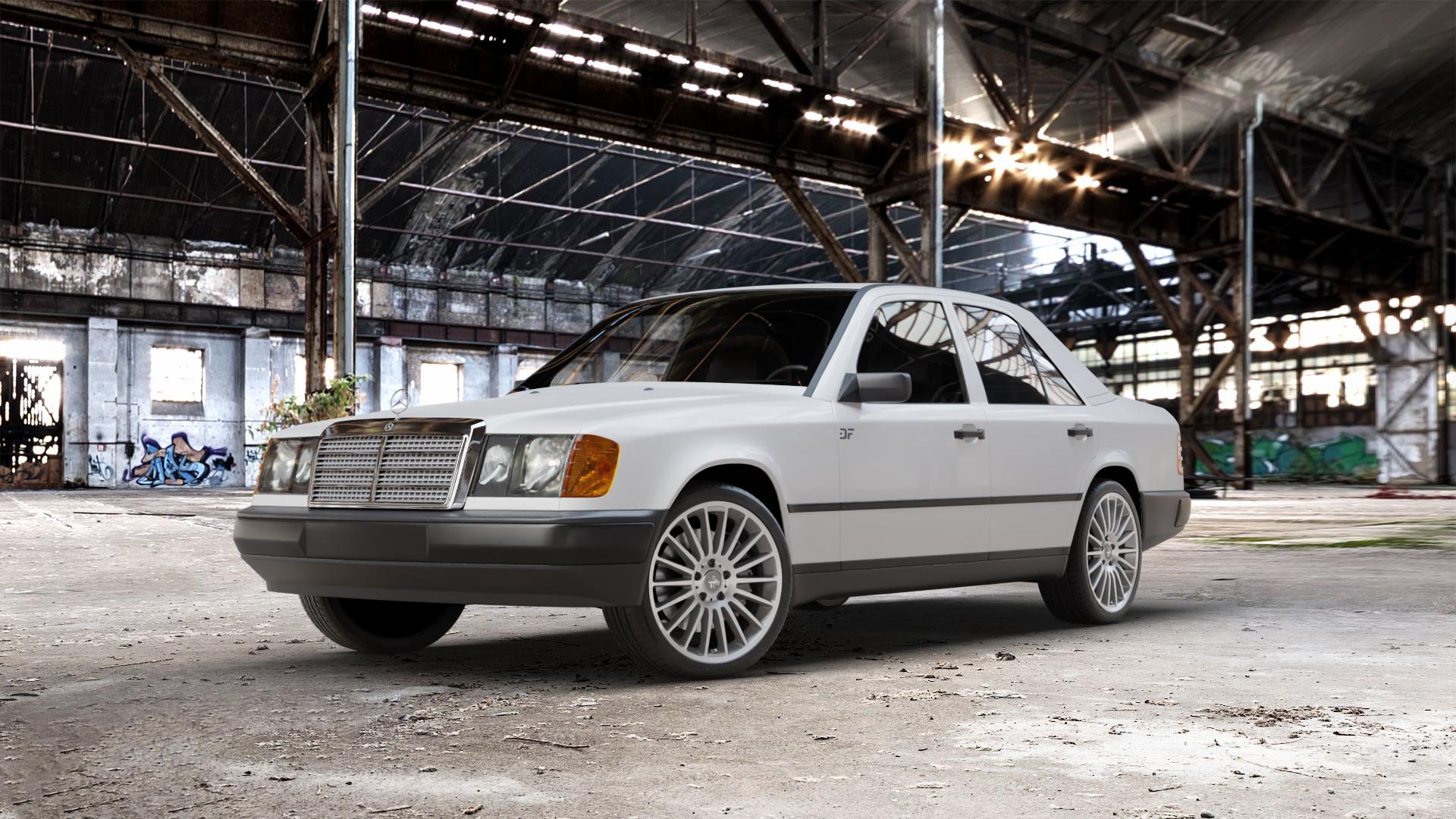 KESKIN KT15 PALLADIUM FRONT POLISH Felge mit Reifen anthrazit in 18Zoll Winterfelge Alufelge auf weissem Mercedes E-Klasse Typ W124 Limousine ⬇️ mit 15mm Tieferlegung ⬇️ Old Industrial Hall_max_5300mm_2024 Frontansicht_1
