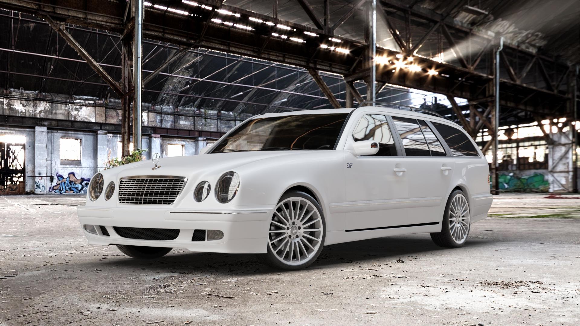 KESKIN KT15 PALLADIUM FRONT POLISH Felge mit Reifen anthrazit in 19Zoll Winterfelge Alufelge auf weissem Mercedes E-Klasse Typ S210 Kombi ⬇️ mit 15mm Tieferlegung ⬇️ Old Industrial Hall_max_5300mm_2024 Frontansicht_1