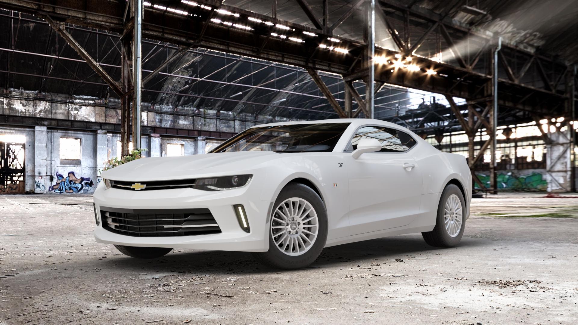 KESKIN KT15 SILVER PAINTED Felge mit Reifen silber in 16Zoll Winterfelge Alufelge auf weissem Chevrolet Camaro VI Typ A1XC 2,0l Turbo 202kW (275 PS) 6,2l ZL1 485kW (659 ⬇️ mit 15mm Tieferlegung ⬇️ Old Industrial Hall_max_5300mm_2024 Frontansicht_1
