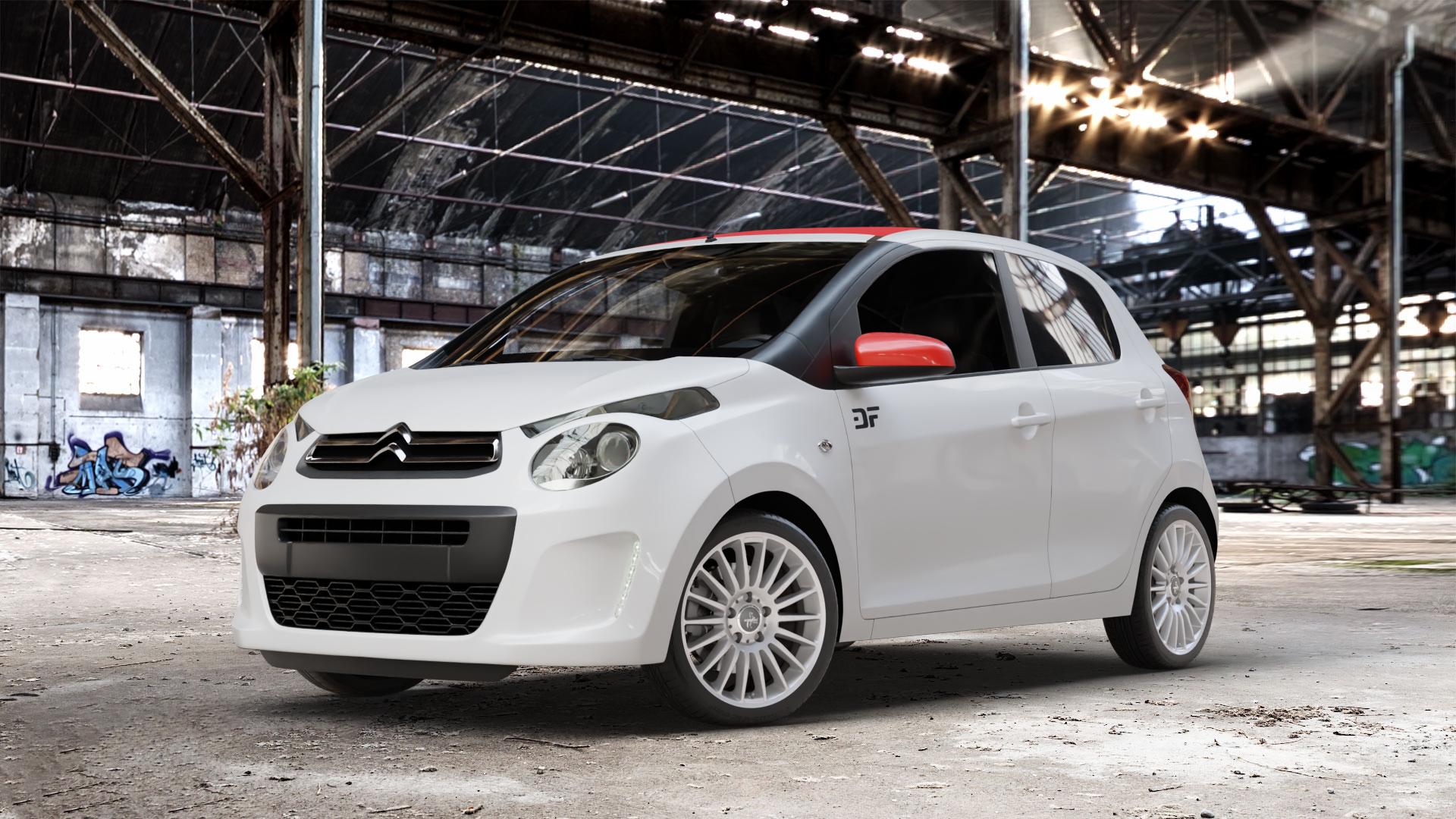 KESKIN KT15 SILVER PAINTED Felge mit Reifen silber in 16Zoll Winterfelge Alufelge auf weissem Citroen C1 II ⬇️ mit 15mm Tieferlegung ⬇️ Old Industrial Hall_max_4400mm_2024 Frontansicht_1
