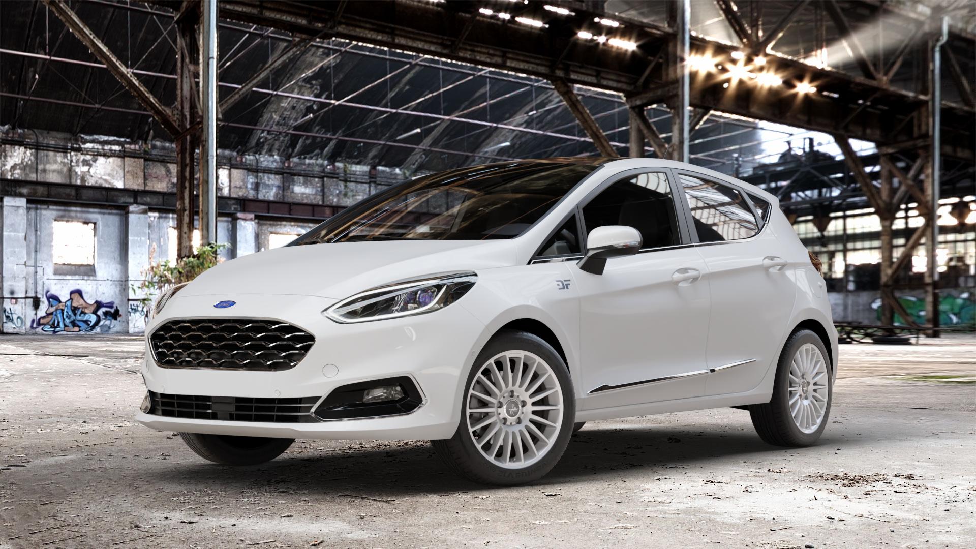 KESKIN KT15 SILVER PAINTED Felge mit Reifen silber in 16Zoll Winterfelge Alufelge auf weissem Ford Fiesta VII Typ JHH ⬇️ mit 15mm Tieferlegung ⬇️ Old Industrial Hall_max_4400mm_2024 Frontansicht_1