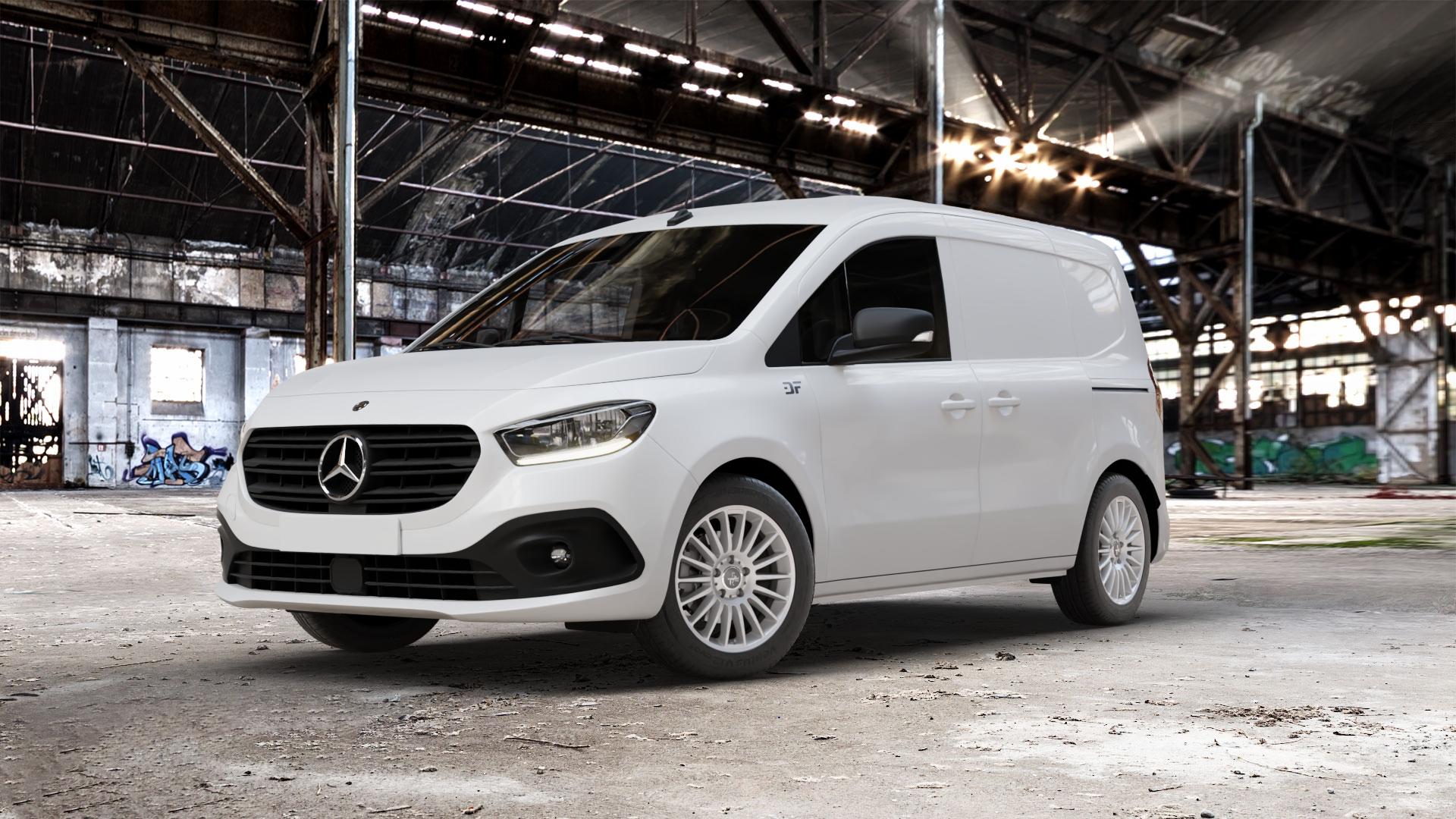 KESKIN KT15 SILVER PAINTED Felge mit Reifen silber in 16Zoll Winterfelge Alufelge auf weissem Mercedes Citan Kasten Typ W420 ⬇️ mit 15mm Tieferlegung ⬇️ Old Industrial Hall_max_5300mm_2024 Frontansicht_1