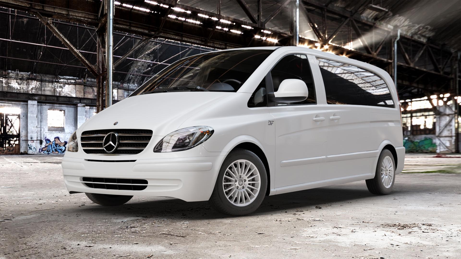 KESKIN KT15 SILVER PAINTED Felge mit Reifen silber in 16Zoll Winterfelge Alufelge auf weissem Mercedes Vito Bus Typ W639 Viano ⬇️ mit 15mm Tieferlegung ⬇️ Old Industrial Hall_max_5300mm_2024 Frontansicht_1