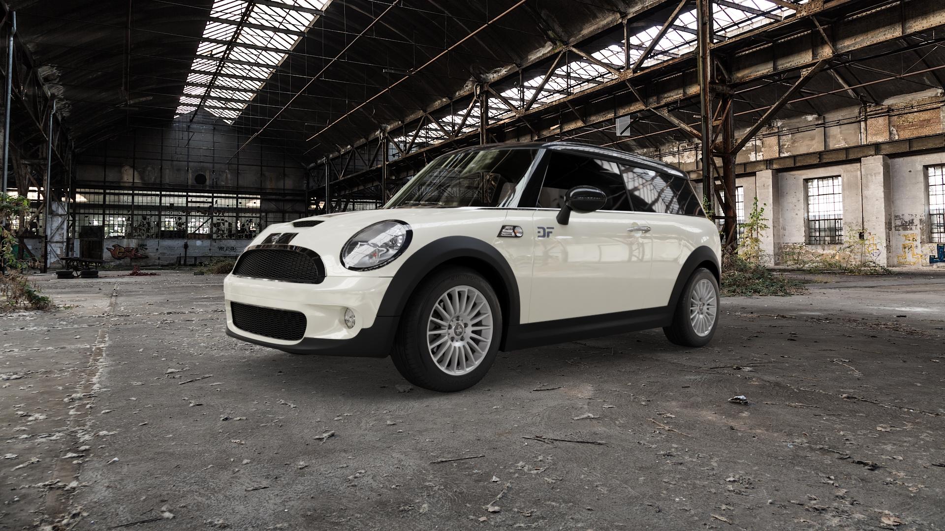 KESKIN KT15 SILVER PAINTED Felge mit Reifen silber in 16Zoll Winterfelge Alufelge auf weissem Mini R55 Typ UKL-K (Clubman) MINI-N ⬇️ mit 15mm Tieferlegung ⬇️ Old Industrial Hall_max5000mm_2022 Frontansicht_1