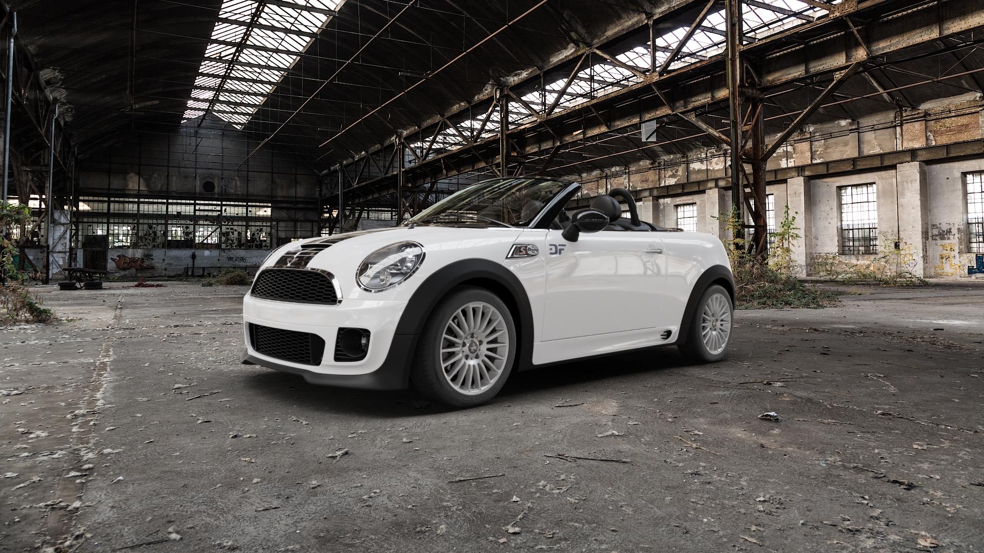 KESKIN KT15 SILVER PAINTED Felge mit Reifen silber in 16Zoll Winterfelge Alufelge auf weissem Mini R59 Typ UKL-C (Roadster) ⬇️ mit 15mm Tieferlegung ⬇️ Old Industrial Hall_max5000mm_2022 Frontansicht_1