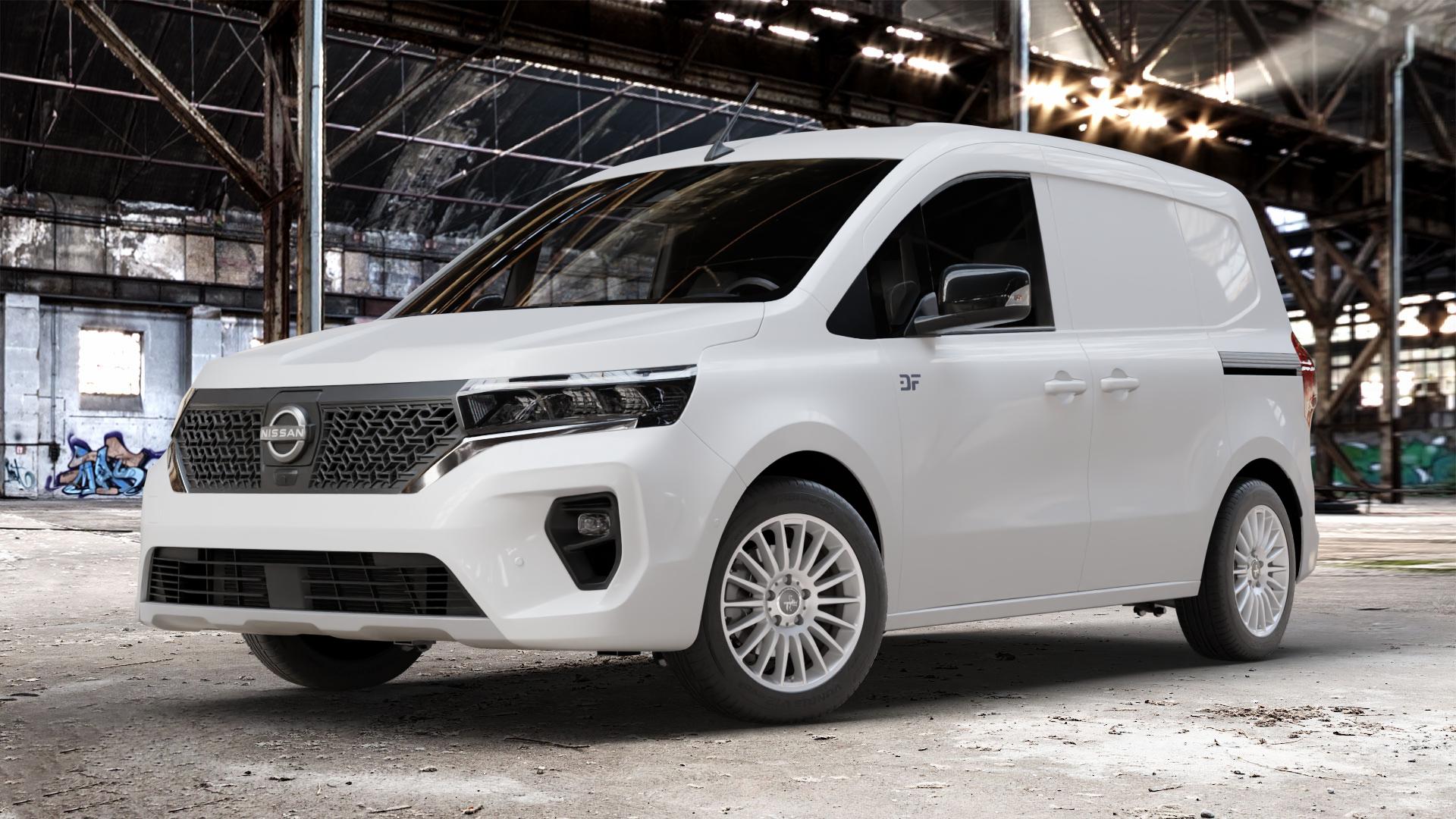 KESKIN KT15 SILVER PAINTED Felge mit Reifen silber in 16Zoll Winterfelge Alufelge auf weissem Nissan Townstar Kastenwagen Typ NFK ⬇️ mit 15mm Tieferlegung ⬇️ Old Industrial Hall_max_4400mm_2024 Frontansicht_1