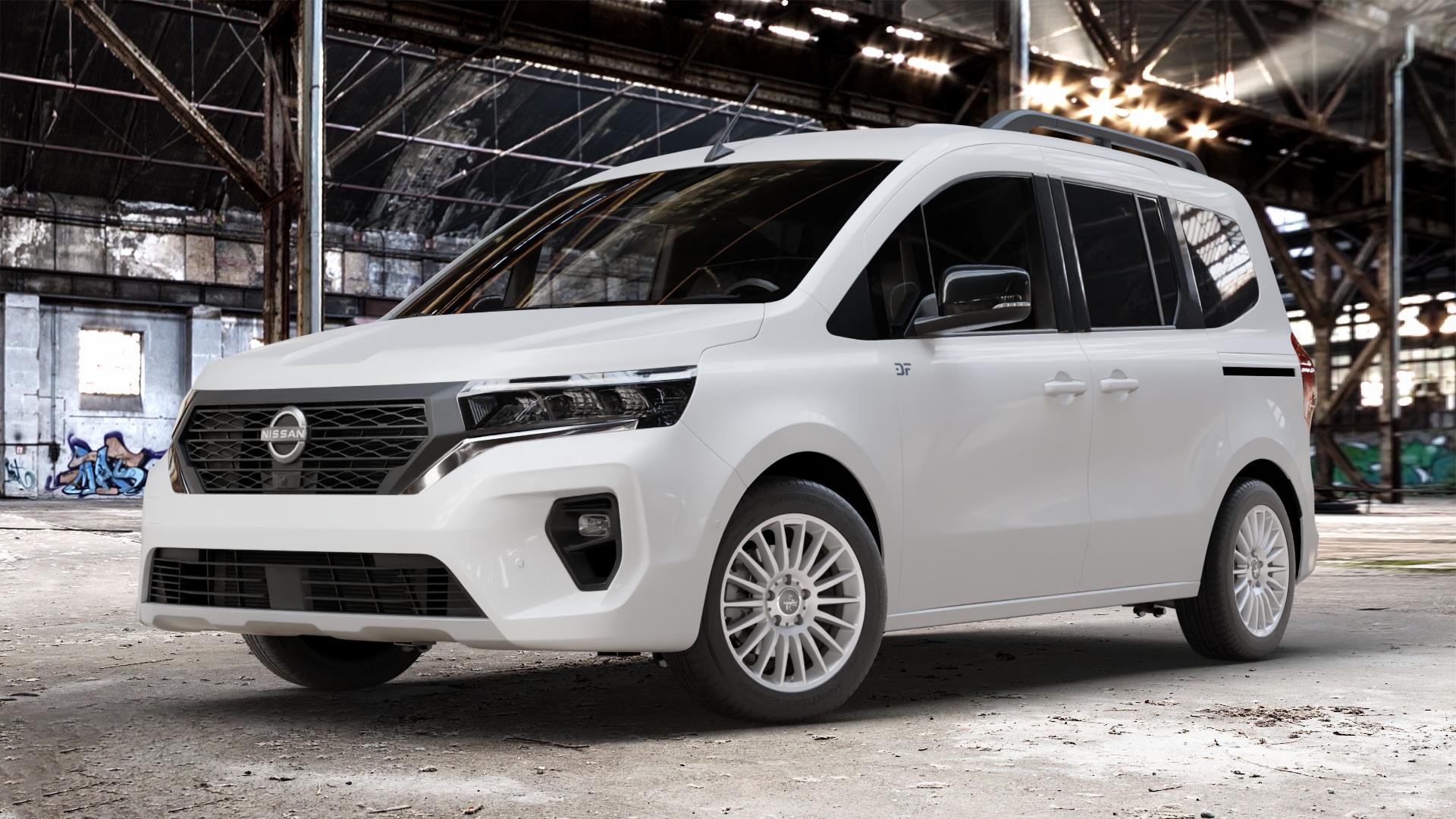 KESKIN KT15 SILVER PAINTED Felge mit Reifen silber in 16Zoll Winterfelge Alufelge auf weissem Nissan Townstar Typ NFK ⬇️ mit 15mm Tieferlegung ⬇️ Old Industrial Hall_max_4400mm_2024 Frontansicht_1