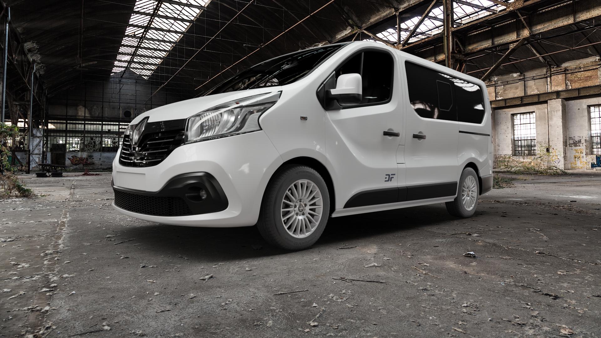 KESKIN KT15 SILVER PAINTED Felge mit Reifen silber in 16Zoll Winterfelge Alufelge auf weissem Renault Trafic III Bus Typ JL ⬇️ mit 15mm Tieferlegung ⬇️ Old Industrial Hall_max5000mm_2022 Frontansicht_1