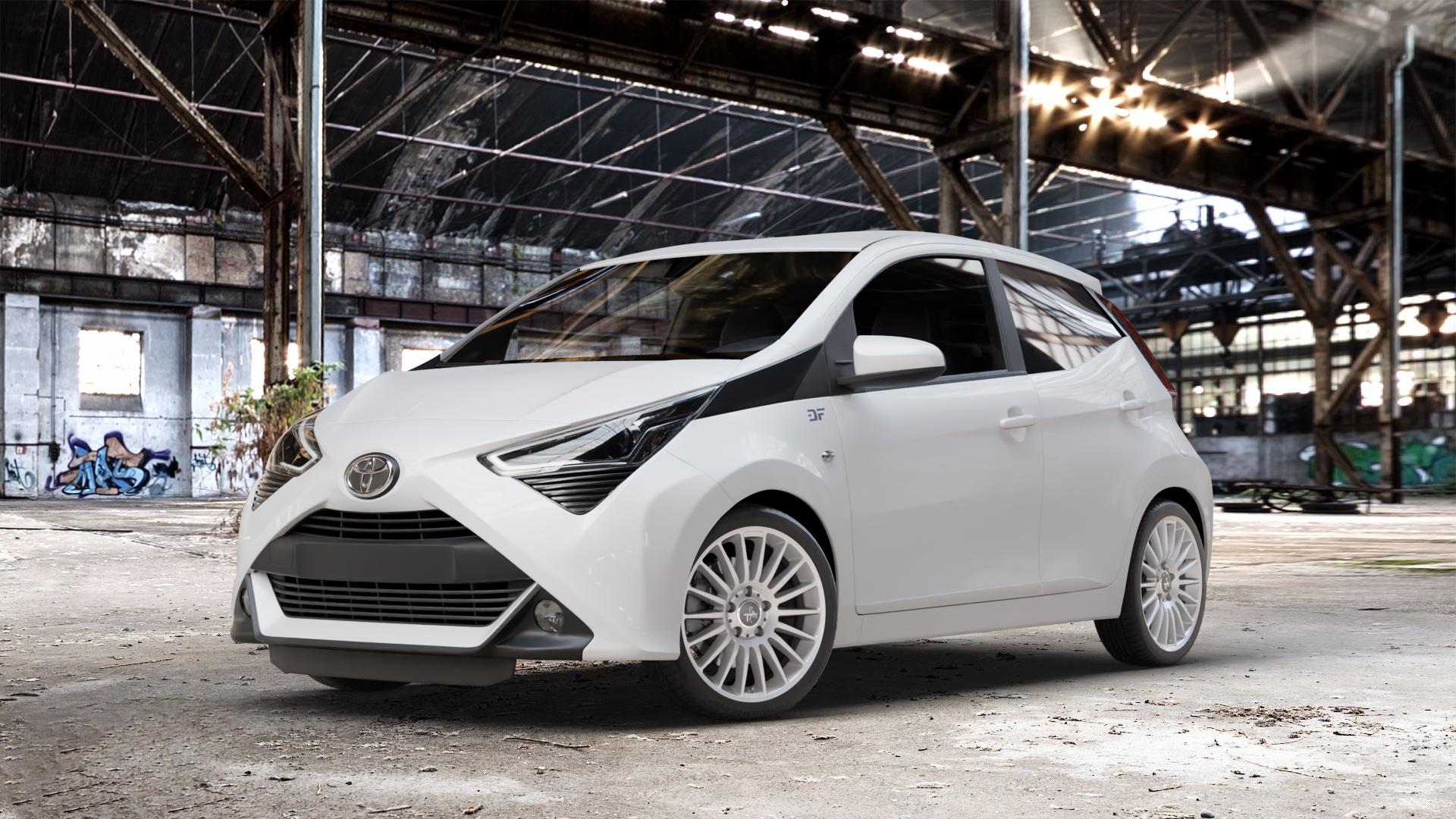 KESKIN KT15 SILVER PAINTED Felge mit Reifen silber in 16Zoll Winterfelge Alufelge auf weissem Toyota Aygo II Facelift ⬇️ mit 15mm Tieferlegung ⬇️ Old Industrial Hall_max_4400mm_2024 Frontansicht_1