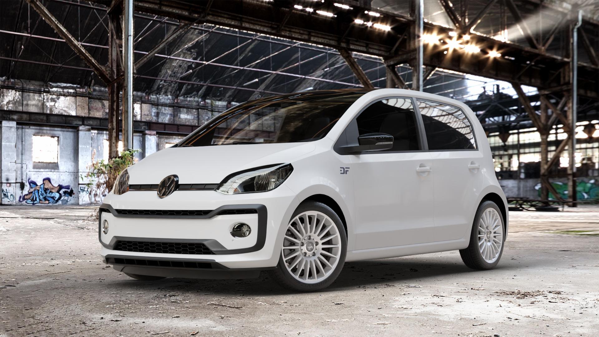 KESKIN KT15 SILVER PAINTED Felge mit Reifen silber in 16Zoll Winterfelge Alufelge auf weissem Volkswagen (VW) UP Facelift ⬇️ mit 15mm Tieferlegung ⬇️ Old Industrial Hall_max_4400mm_2024 Frontansicht_1