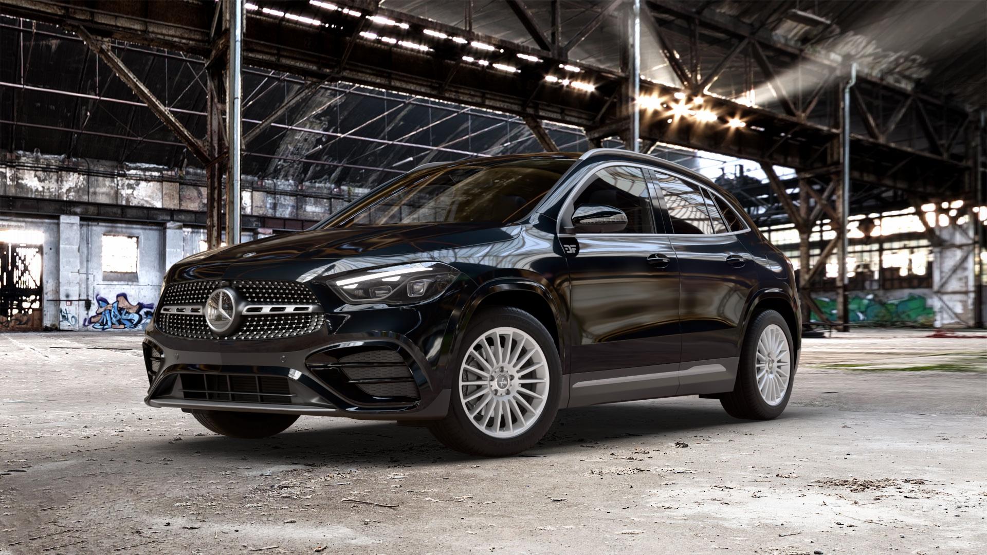 KESKIN KT15 SILVER PAINTED Felge mit Reifen silber in 18Zoll Winterfelge Alufelge auf schwarzem metallic Mercedes GLA-Klasse Typ F2B Facelift ⬇️ mit 15mm Tieferlegung ⬇️ Old Industrial Hall_max_5300mm_2024 Frontansicht_1