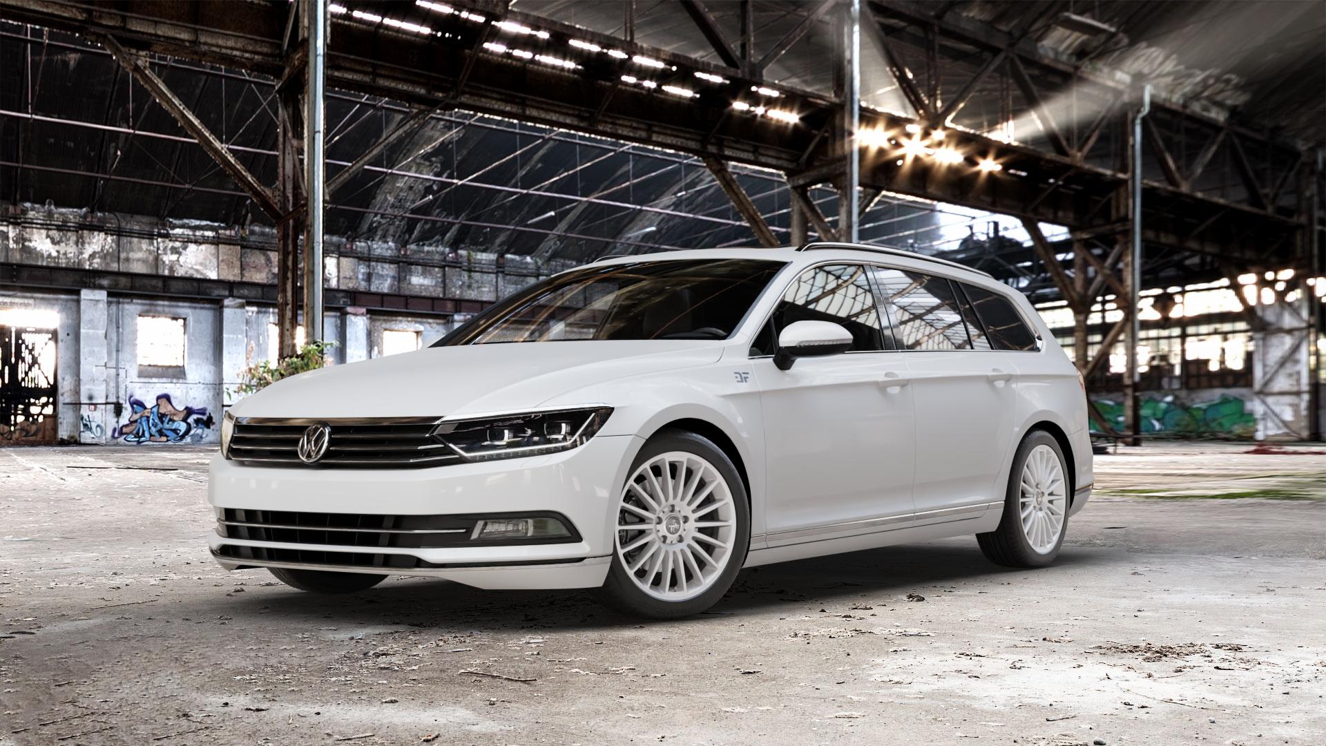 KESKIN KT15 SILVER PAINTED Felge mit Reifen silber in 18Zoll Winterfelge Alufelge auf weissem Volkswagen (VW) Passat 3C/B8 Limousine Variant ⬇️ mit 15mm Tieferlegung ⬇️ Old Industrial Hall_max_5300mm_2024 Frontansicht_1