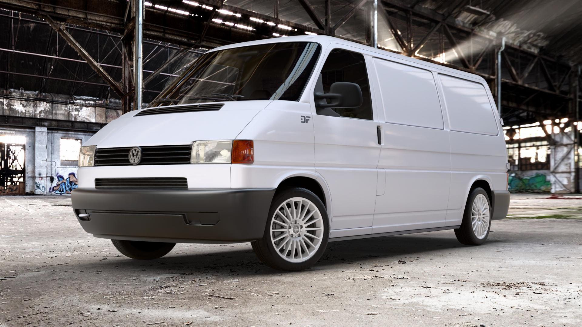 KESKIN KT15 SILVER PAINTED Felge mit Reifen silber in 18Zoll Winterfelge Alufelge auf weissem Volkswagen (VW) T4 Transporter ⬇️ mit 15mm Tieferlegung ⬇️ Old Industrial Hall_max_5300mm_2024 Frontansicht_1