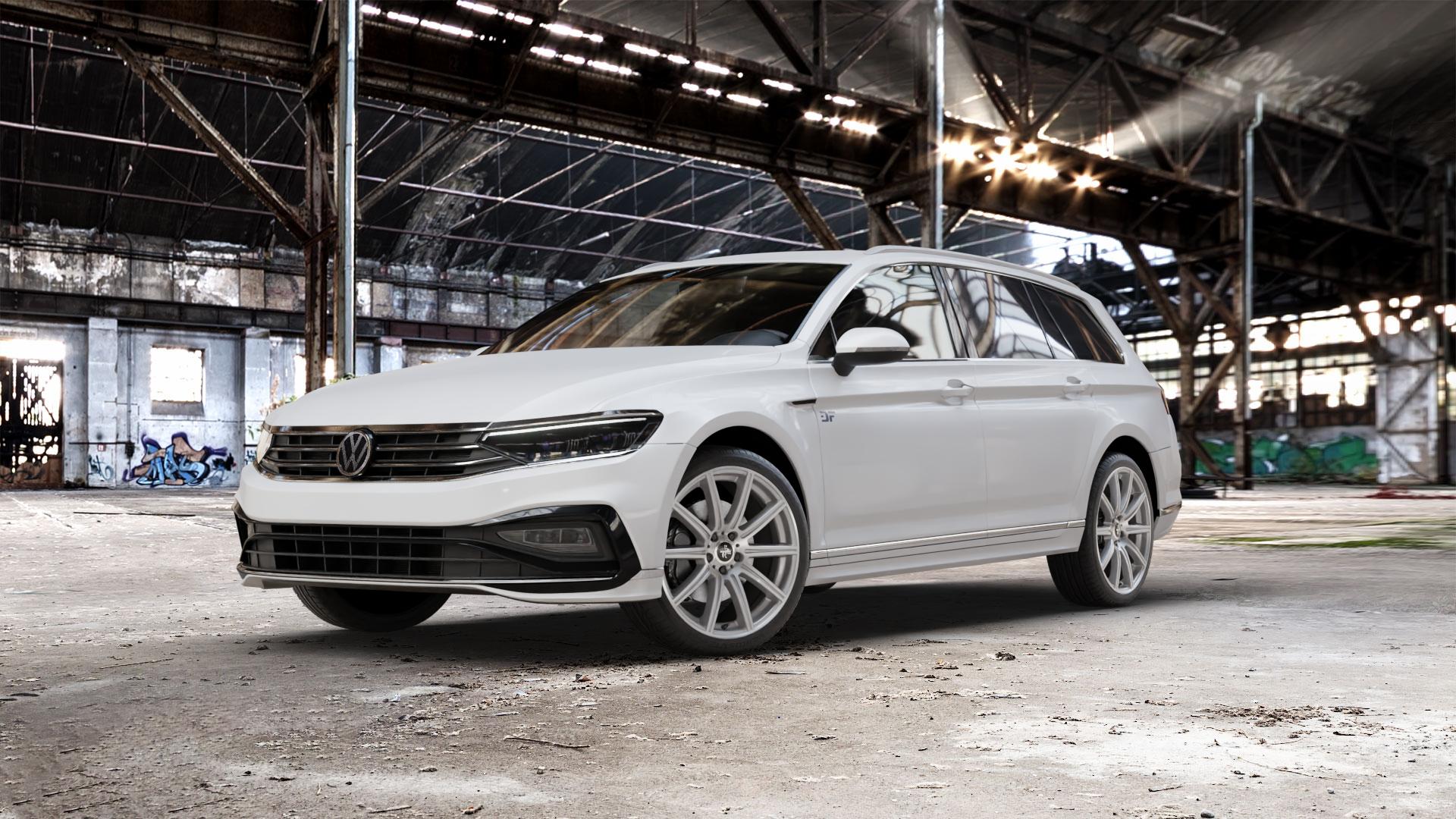 KESKIN KT16 PALLADIUM FRONT POLISH Felge mit Reifen silber mehrfarbig in 19Zoll Winterfelge Alufelge auf weissem Volkswagen (VW) Passat 3C/B8 Variant Facelift ⬇️ mit 15mm Tieferlegung ⬇️ Old Industrial Hall_max_5300mm_2024 Frontansicht_1