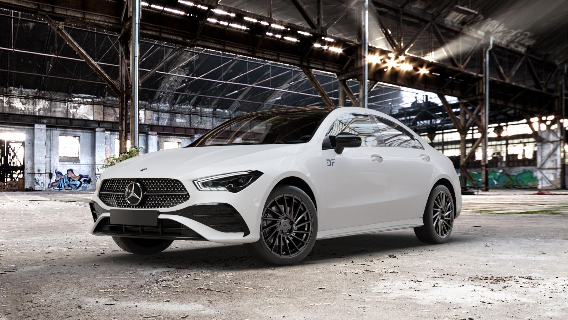 KESKIN KT17 MATT BLACK PAINTED Felge mit Reifen schwarz in 18Zoll Winterfelge Alufelge auf weissem Mercedes CLA-Klasse II Typ C118 (F2CLA) Facelift ⬇️ mit 15mm Tieferlegung ⬇️ Old Industrial Hall_max_5300mm_2024 Frontansicht_1