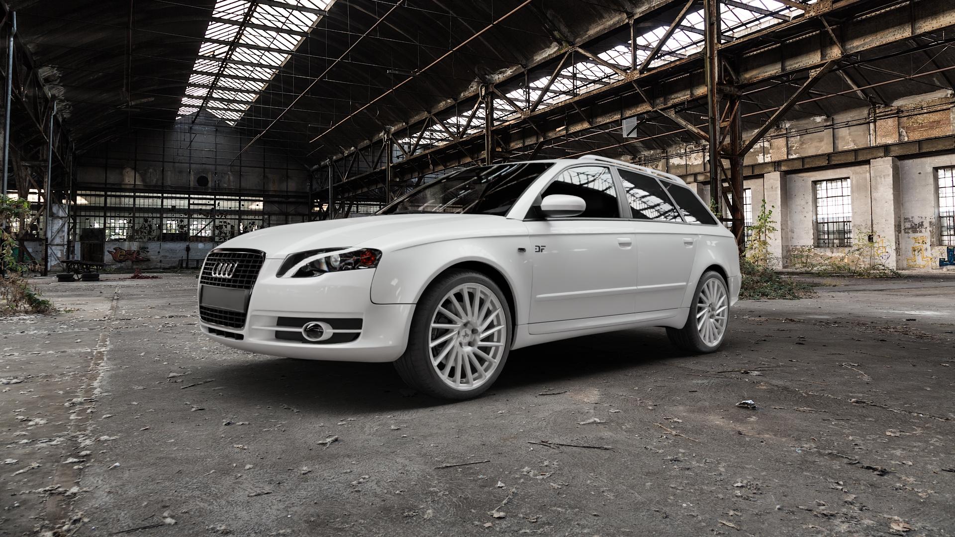 KESKIN KT17 SILVER FRONT POLISH Felge mit Reifen silber in 19Zoll Winterfelge Alufelge auf weissem Audi A4 Typ 8ED/B7 (Avant) ⬇️ mit 15mm Tieferlegung ⬇️ Old Industrial Hall_max5000mm_2022 Frontansicht_1