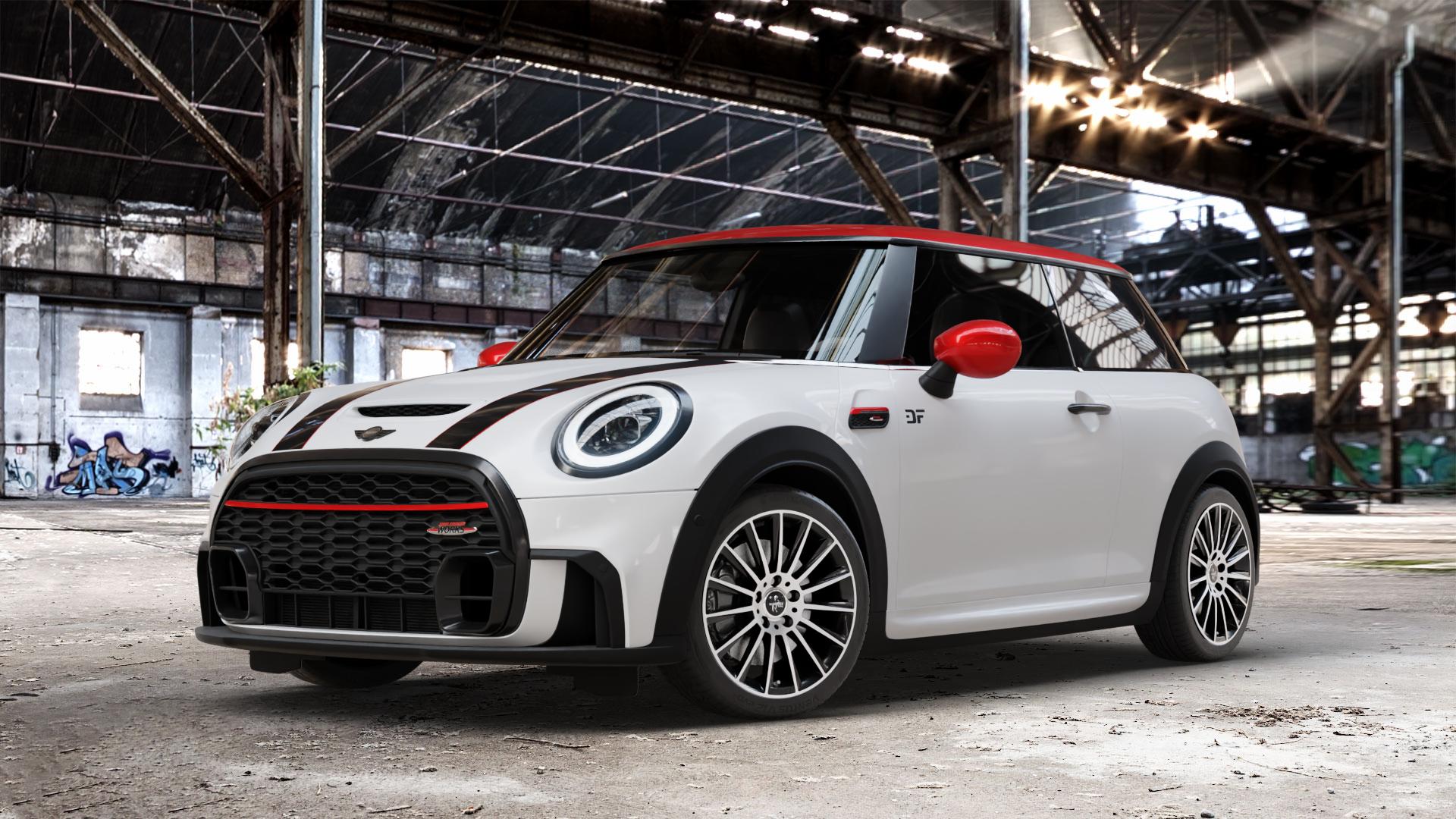 KESKIN KT18 BLACK FRONT POLISH Felge mit Reifen schwarz in 17Zoll Winterfelge Alufelge auf weissem Mini F56 Typ FML2 (3-Türer Limousine) Facelift 21-> 2,0l Cooper S 131kW (178 PS) 120kW (163 JCW 170kW (231 ⬇️ mit 15mm Tieferlegung ⬇️ Old Industrial Hall_max_4400mm_2024 Frontansicht_1