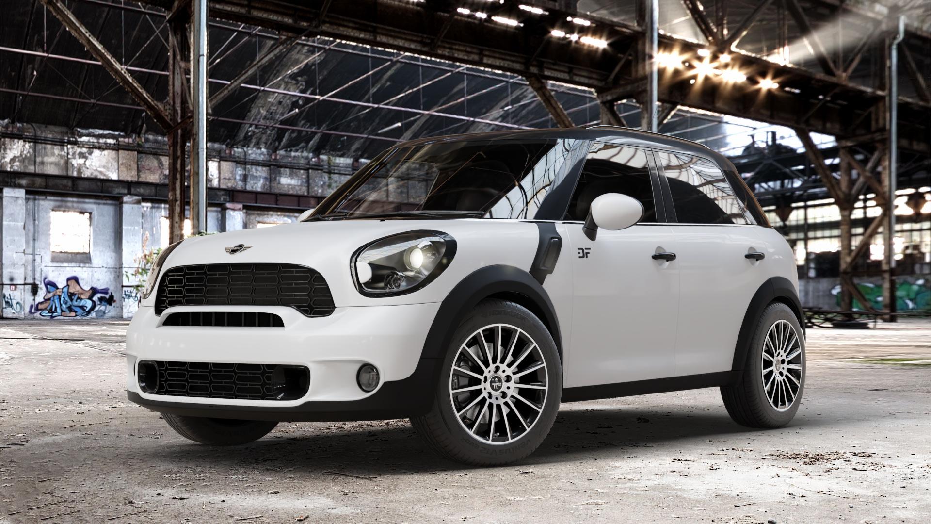 KESKIN KT18 BLACK FRONT POLISH Felge mit Reifen schwarz in 17Zoll Winterfelge Alufelge auf weissem Mini R60 Typ UKL/X (Countryman) UKL-N1 ⬇️ mit 15mm Tieferlegung ⬇️ Old Industrial Hall_max_4400mm_2024 Frontansicht_1