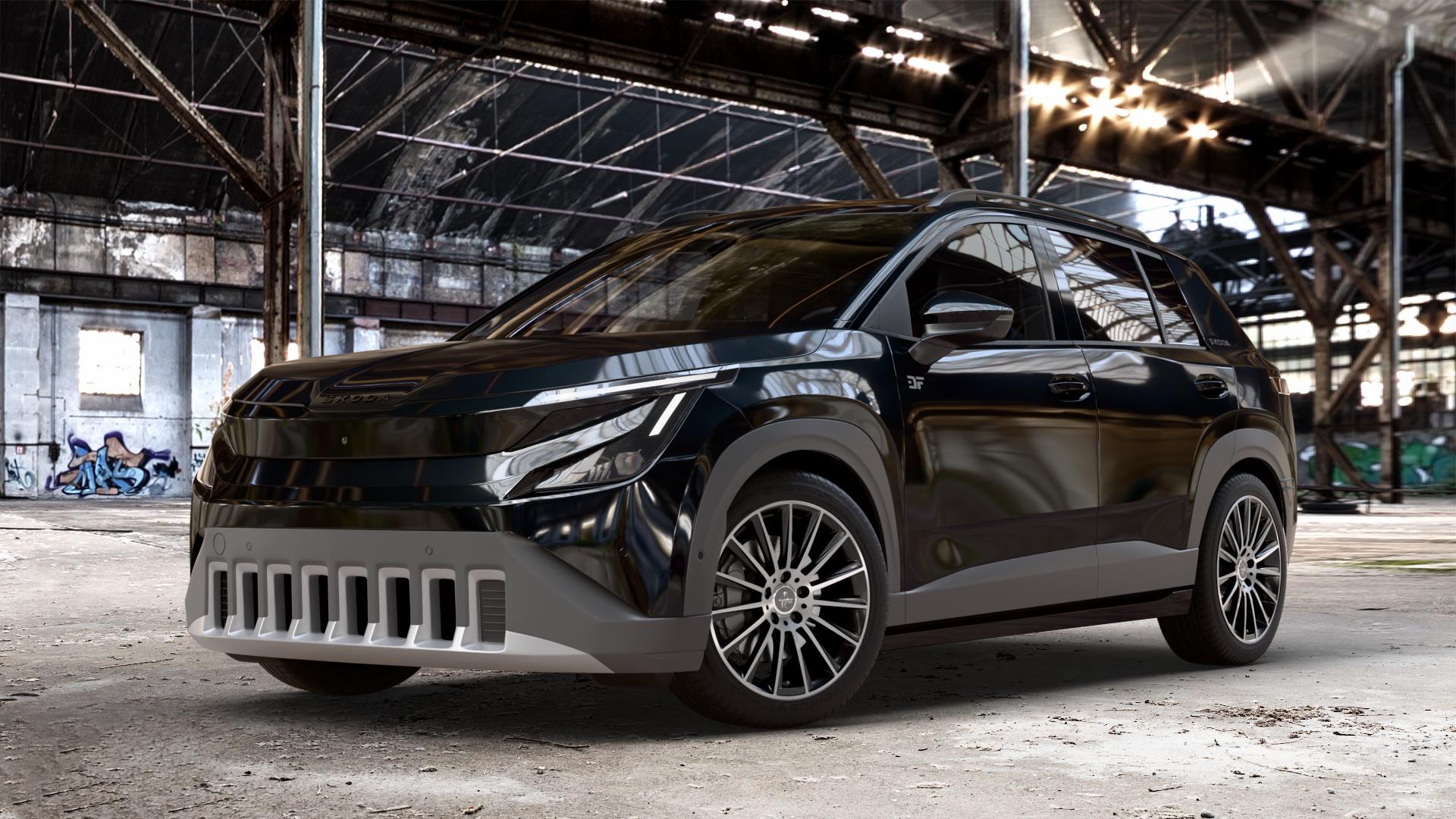 KESKIN KT18 BLACK FRONT POLISH Felge mit Reifen schwarz in 18Zoll Winterfelge Alufelge auf metallic schwarzem Skoda Epiq Typ PX ⬇️ mit 15mm Tieferlegung ⬇️ Old Industrial Hall_max_4400mm_2024 Frontansicht_1