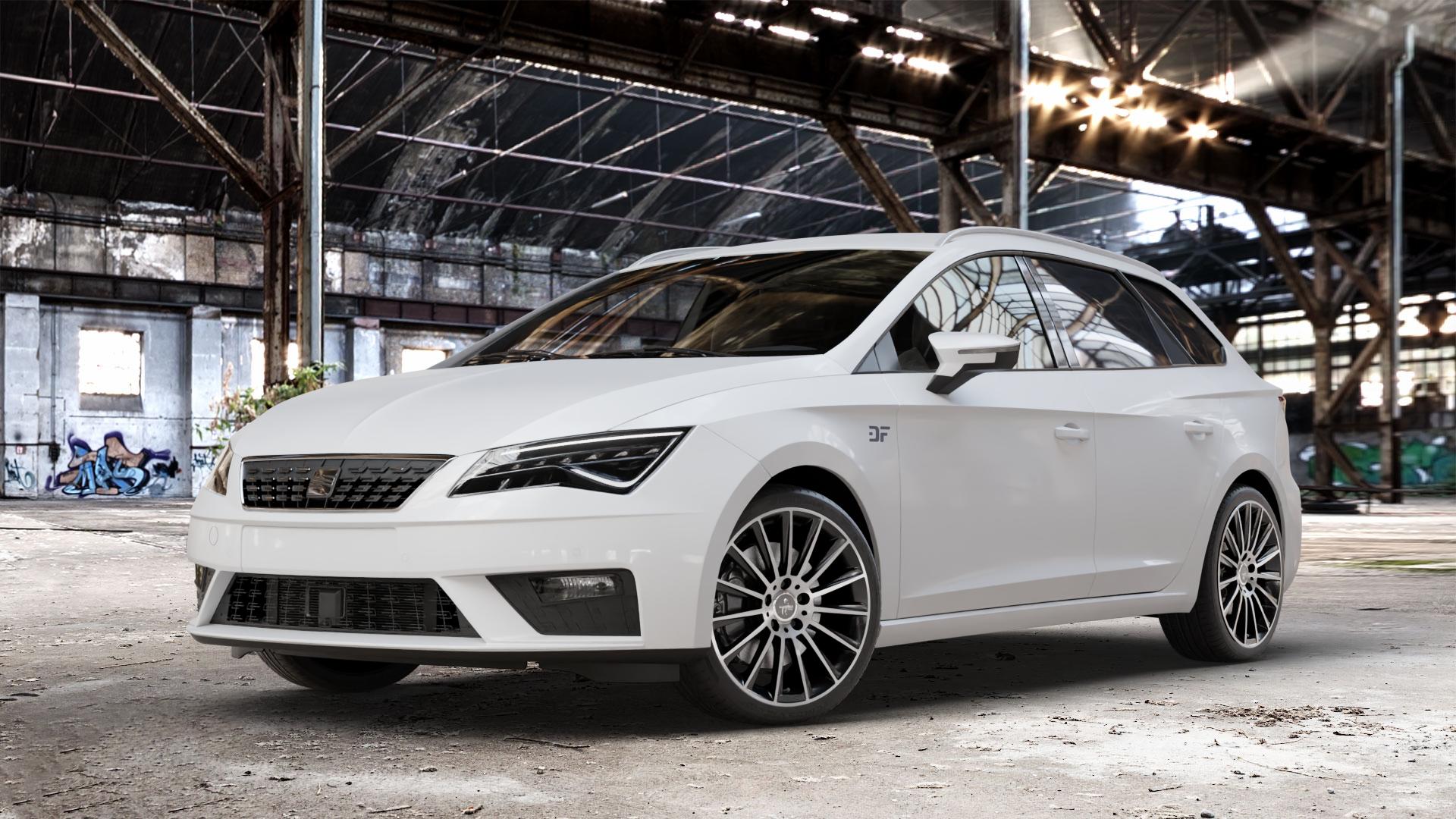 KESKIN KT18 BLACK FRONT POLISH Felge mit Reifen schwarz in 18Zoll Winterfelge Alufelge auf weissem Seat Leon Typ 5F ST Facelift ⬇️ mit 15mm Tieferlegung ⬇️ Old Industrial Hall_max_4400mm_2024 Frontansicht_1