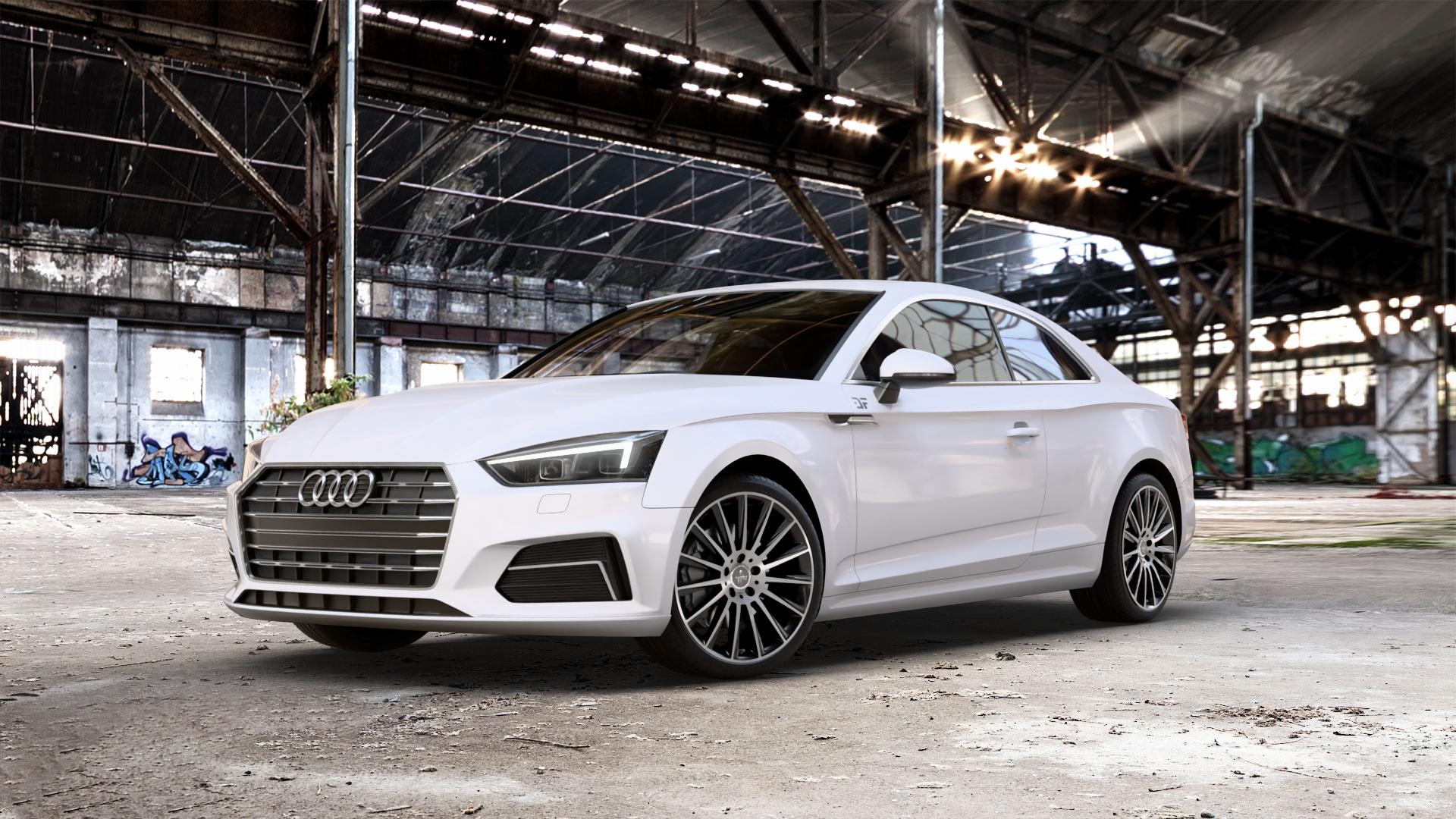 KESKIN KT18 BLACK FRONT POLISH Felge mit Reifen schwarz in 19Zoll Winterfelge Alufelge auf weissem Audi A5 Typ B9 (Coupé) ⬇️ mit 15mm Tieferlegung ⬇️ Old Industrial Hall_max_5300mm_2024 Frontansicht_1