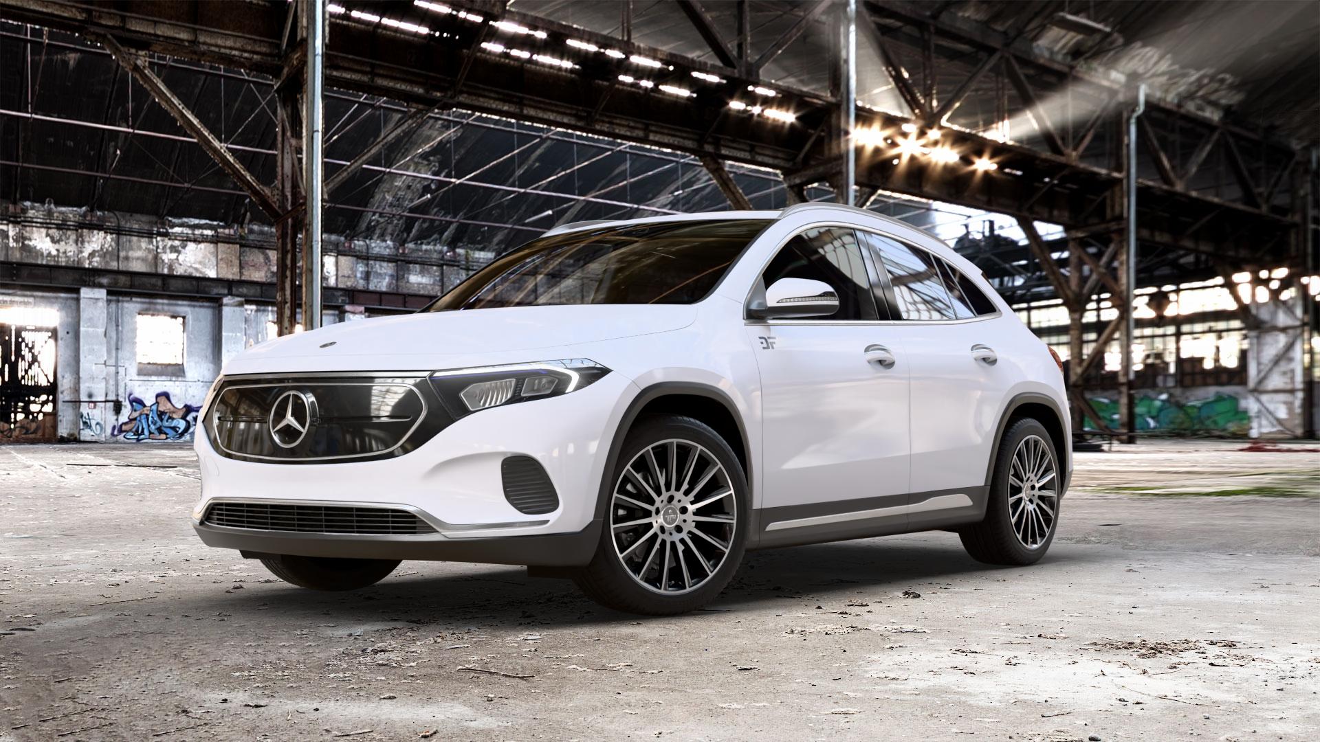 KESKIN KT18 BLACK FRONT POLISH Felge mit Reifen schwarz in 19Zoll Winterfelge Alufelge auf weissem Mercedes EQA Typ F2B Facelift 0,0l 300 4Matic 130kW (177 PS) 350 ⬇️ mit 15mm Tieferlegung ⬇️ Old Industrial Hall_max_5300mm_2024 Frontansicht_1