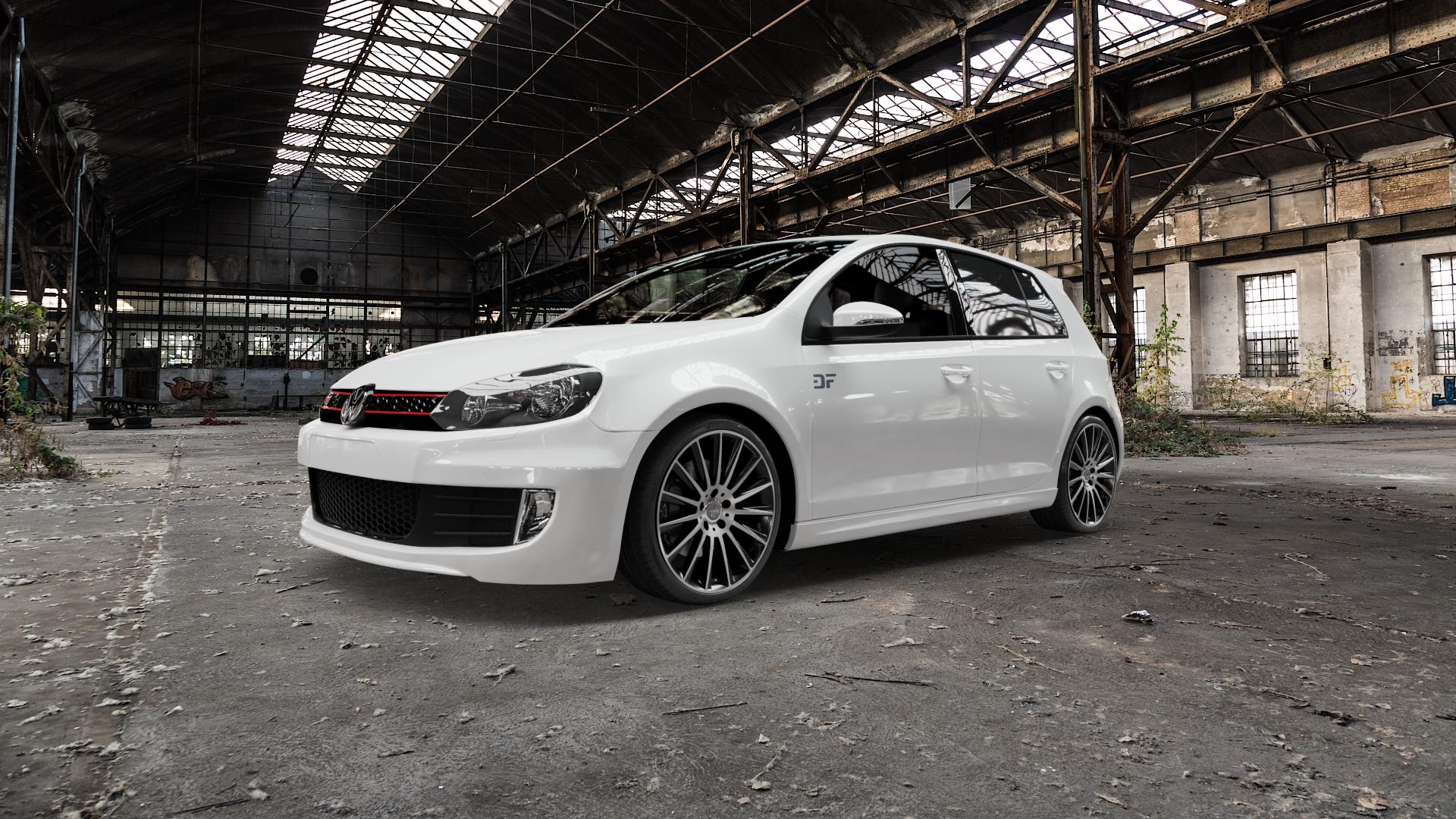 KESKIN KT18 BLACK FRONT POLISH Felge mit Reifen schwarz in 19Zoll Winterfelge Alufelge auf weissem Volkswagen (VW) Golf 6 2,0l Turbo GTI 155kW (211 PS) Edition 35 173kW (235 ⬇️ mit 15mm Tieferlegung ⬇️ Old Industrial Hall_max5000mm_2022 Frontansicht_1