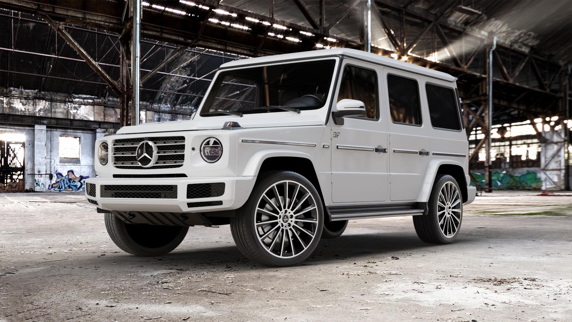 KESKIN KT18 BLACK FRONT POLISH Felge mit Reifen schwarz in 22Zoll Winterfelge Alufelge auf weissem Mercedes G-Klasse Typ W463 Facelift (18->) ⬇️ mit 15mm Tieferlegung ⬇️ Old Industrial Hall_max_5300mm_2024 Frontansicht_1