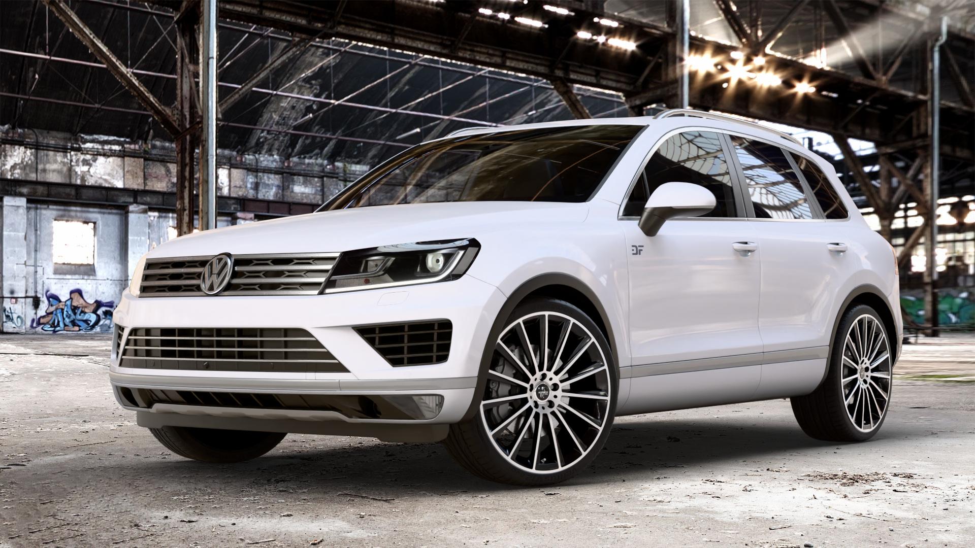 KESKIN KT18 BLACK FRONT POLISH Felge mit Reifen schwarz in 22Zoll Winterfelge Alufelge auf weissem Volkswagen (VW) Touareg II Typ 7P Facelift ⬇️ mit 15mm Tieferlegung ⬇️ Old Industrial Hall_max_4400mm_2024 Frontansicht_1