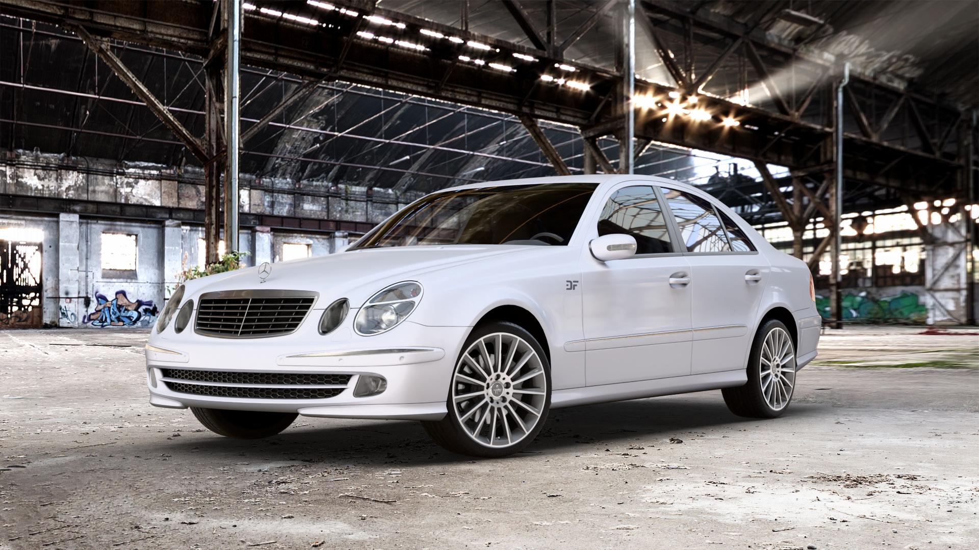 KESKIN KT18 PALLADIUM FRONT POLISH Felge mit Reifen in 19Zoll Winterfelge Alufelge auf weissem Mercedes E-Klasse Typ W211 Limousine ⬇️ mit 15mm Tieferlegung ⬇️ Old Industrial Hall_max_5300mm_2024 Frontansicht_1