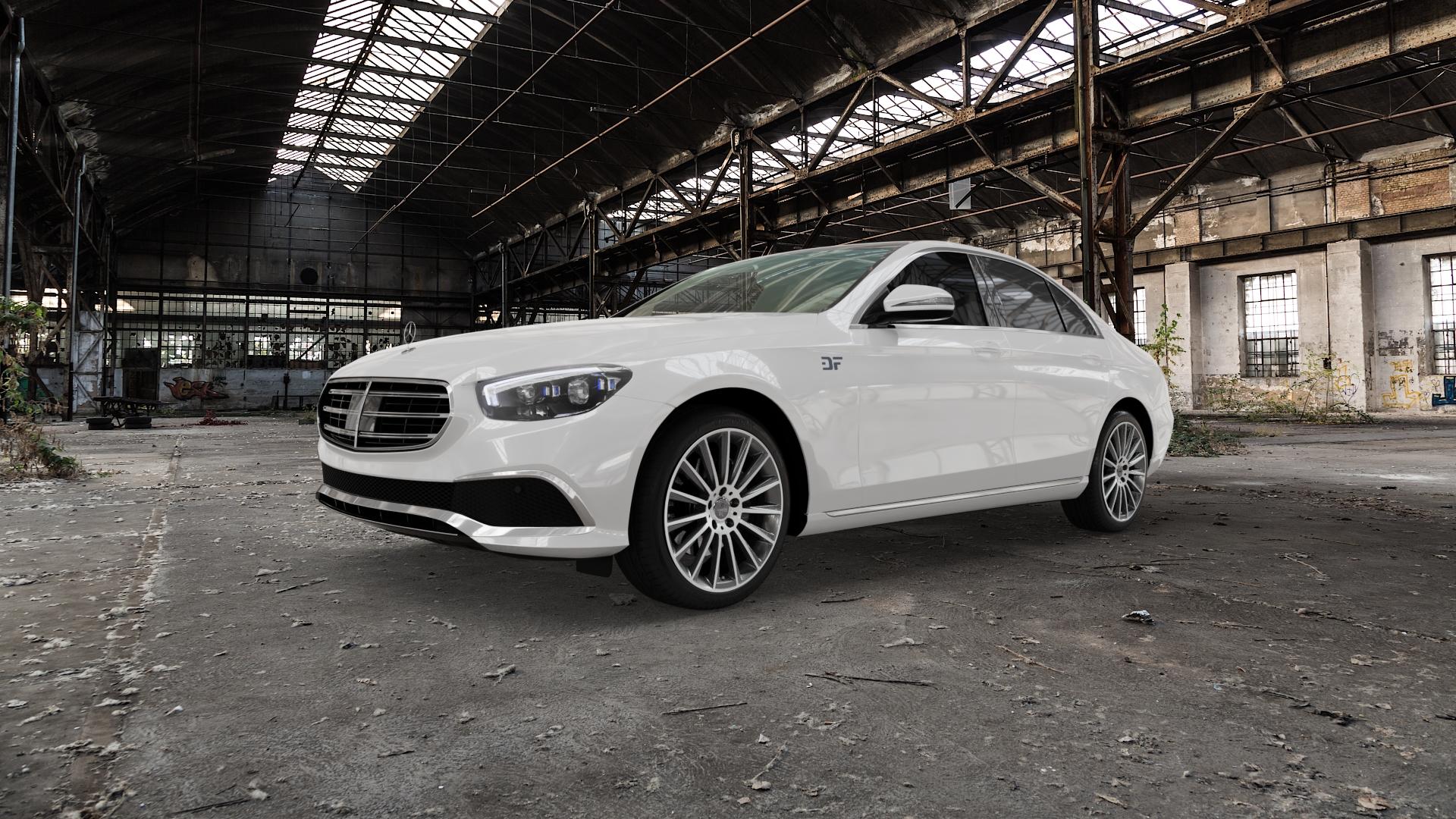 KESKIN KT18 PALLADIUM FRONT POLISH Felge mit Reifen in 19Zoll Winterfelge Alufelge auf weissem Mercedes E-Klasse Typ W213 Limousine Facelift ⬇️ mit 15mm Tieferlegung ⬇️ Old Industrial Hall_max5000mm_2022 Frontansicht_1